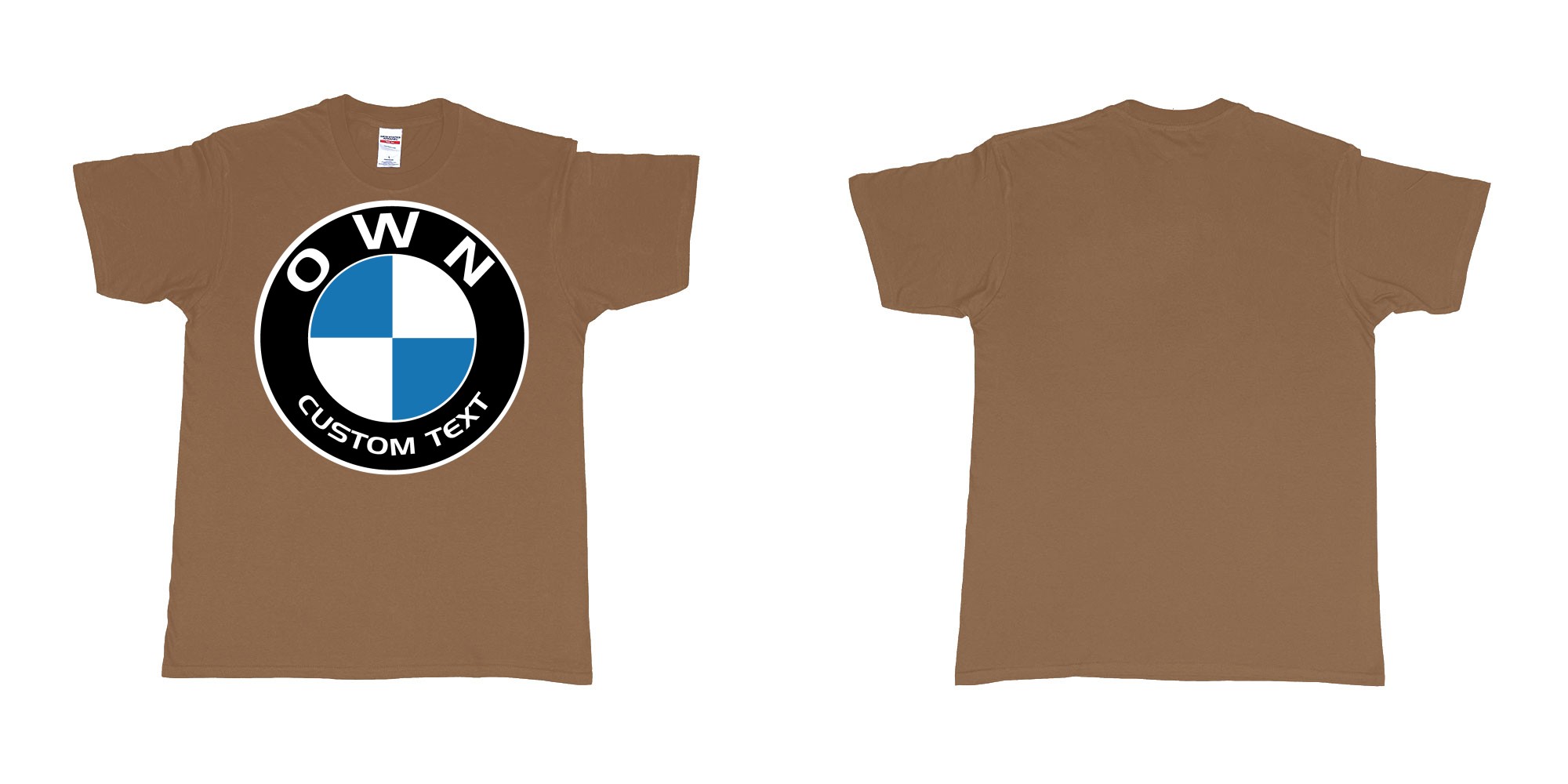 Custom tshirt design BMW logo custom text tshirt printing in fabric color chestnut choice your own text made in Bali by The Pirate Way