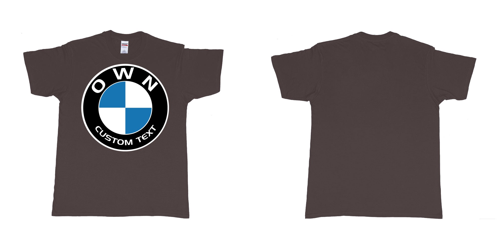 Custom tshirt design BMW logo custom text tshirt printing in fabric color dark-chocolate choice your own text made in Bali by The Pirate Way