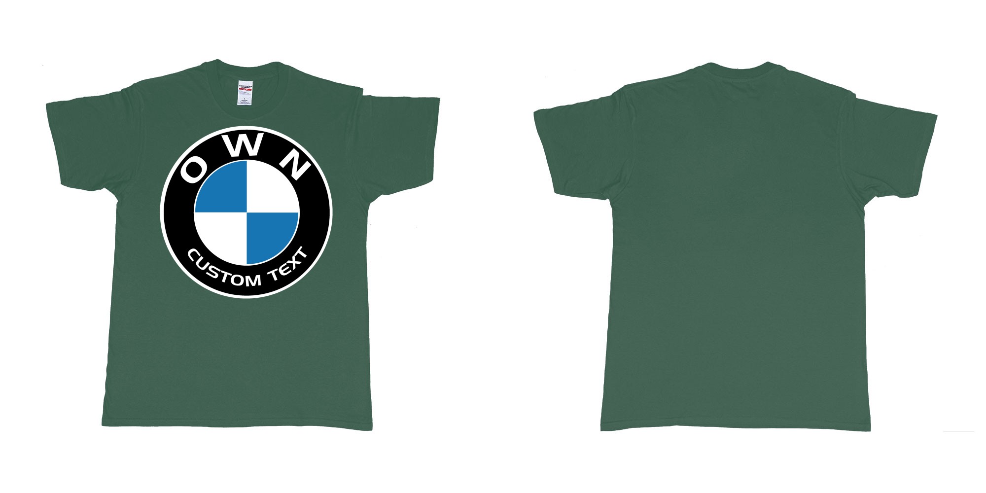 Custom tshirt design BMW logo custom text tshirt printing in fabric color forest-green choice your own text made in Bali by The Pirate Way