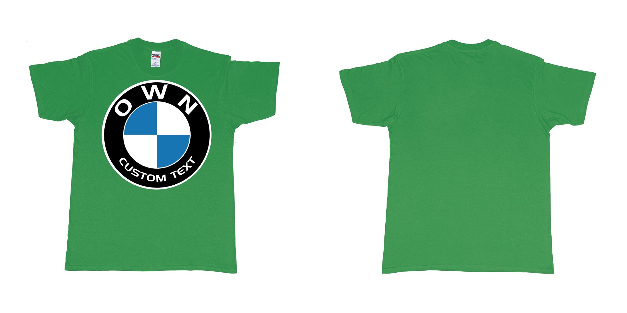 Custom tshirt design BMW logo custom text tshirt printing in fabric color irish-green choice your own text made in Bali by The Pirate Way