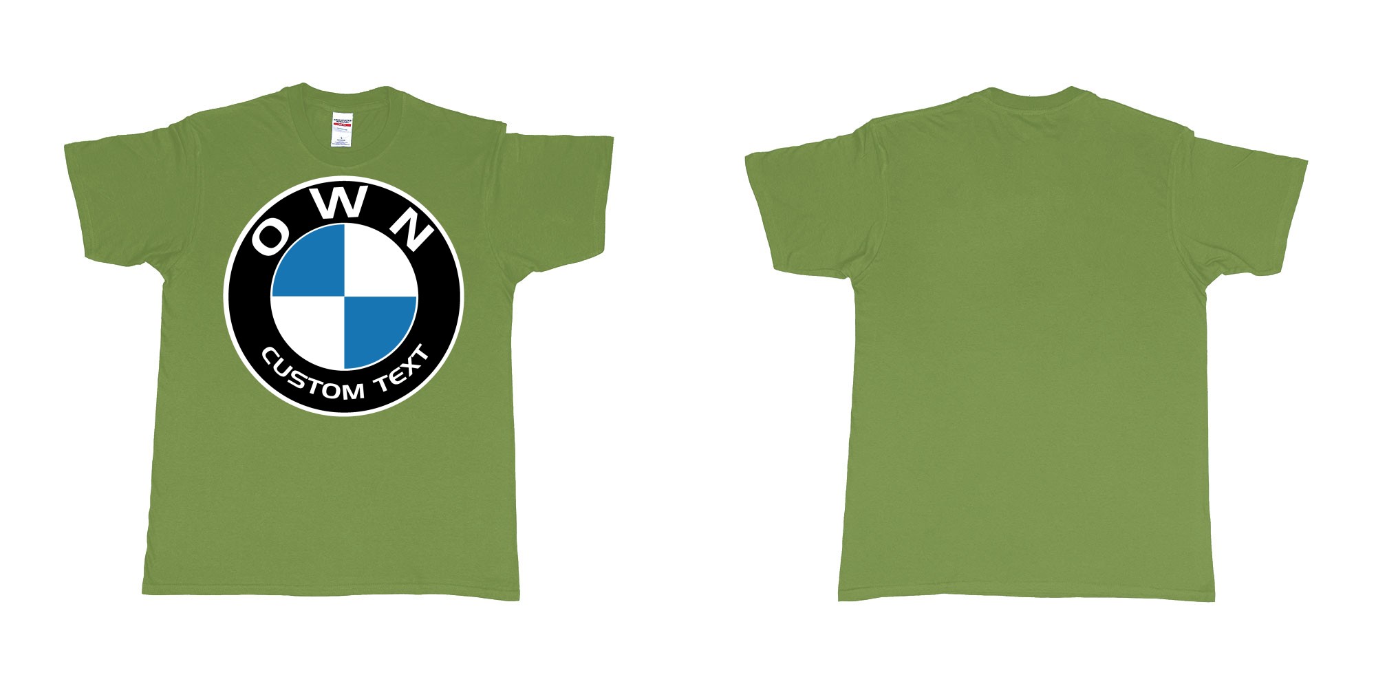 Custom tshirt design BMW logo custom text tshirt printing in fabric color military-green choice your own text made in Bali by The Pirate Way