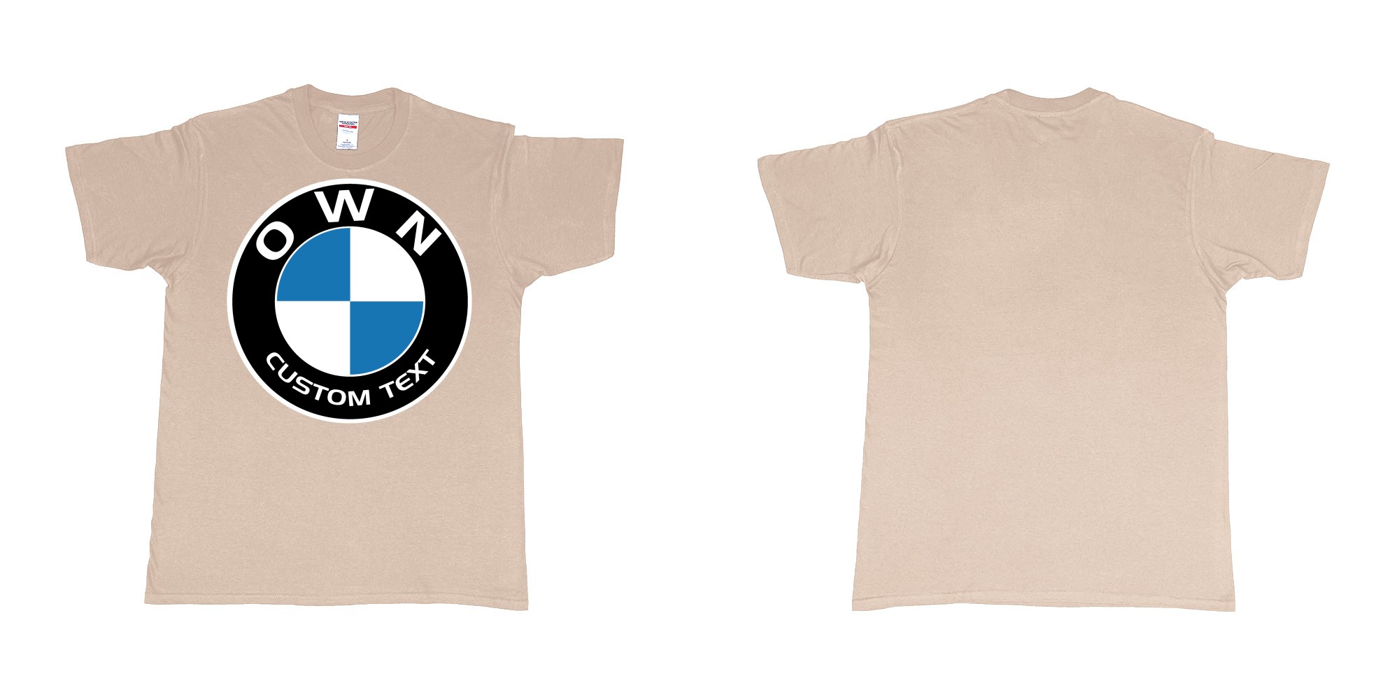 Custom tshirt design BMW logo custom text tshirt printing in fabric color sand choice your own text made in Bali by The Pirate Way
