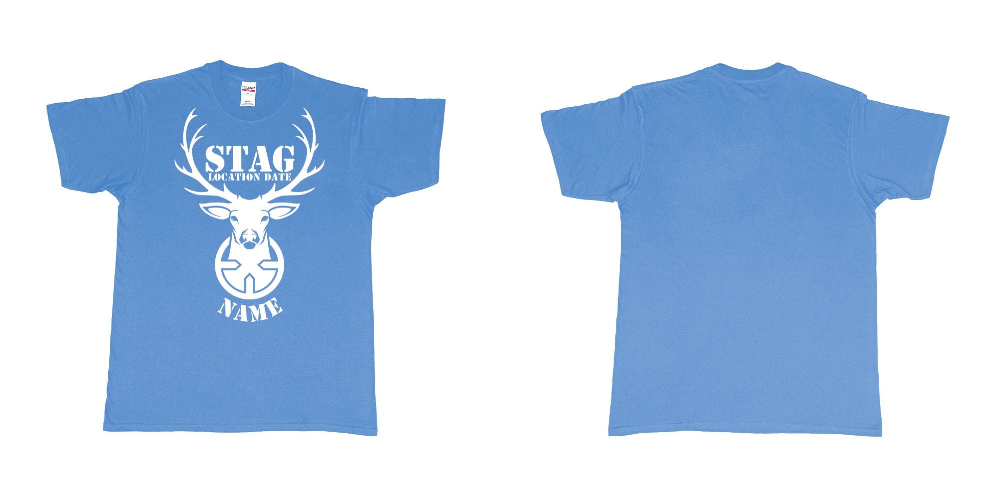 Custom tshirt design aiming for a stag custom tshirt print in fabric color carolina-blue choice your own text made in Bali by The Pirate Way