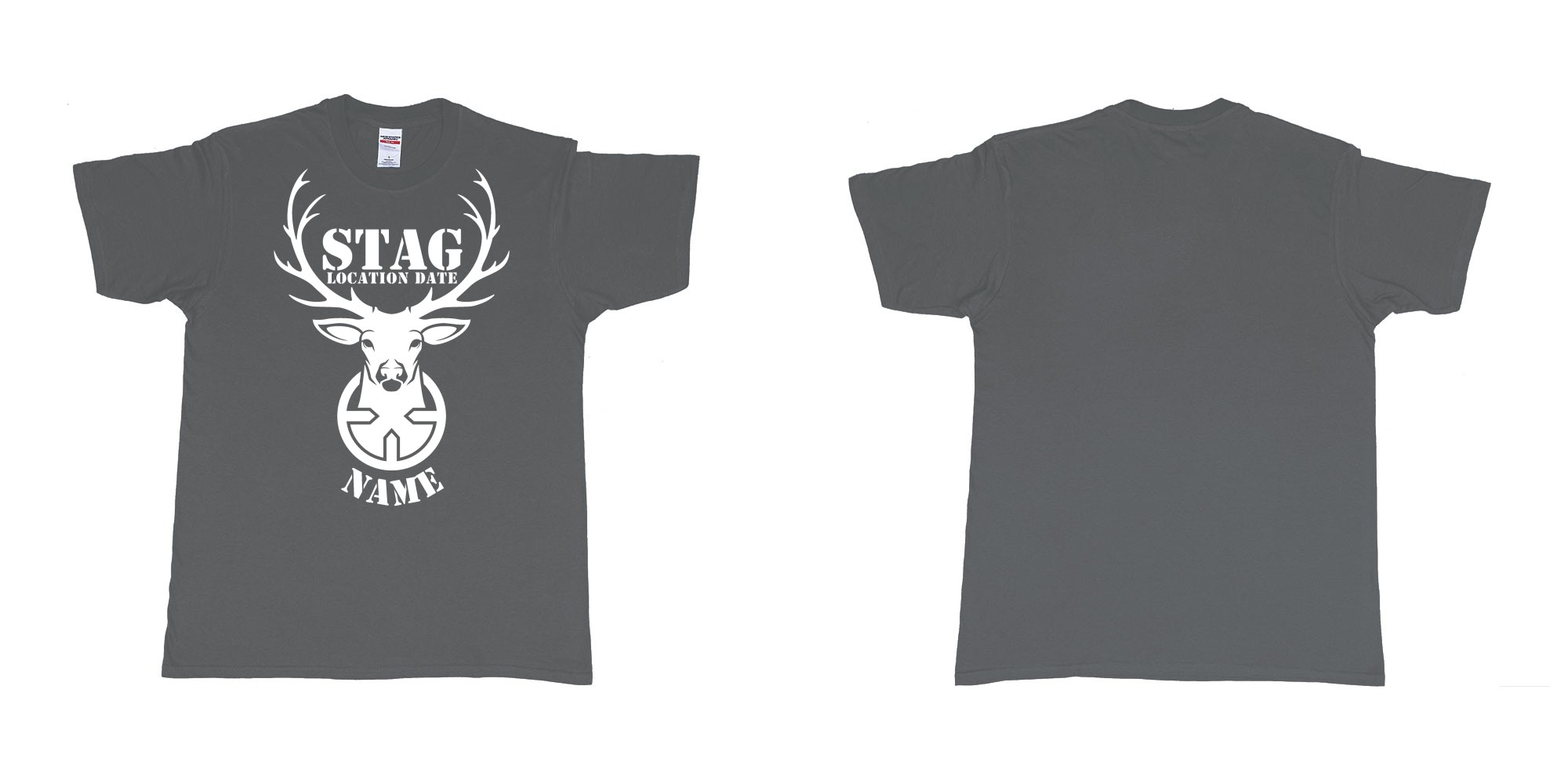 Custom tshirt design aiming for a stag custom tshirt print in fabric color charcoal choice your own text made in Bali by The Pirate Way