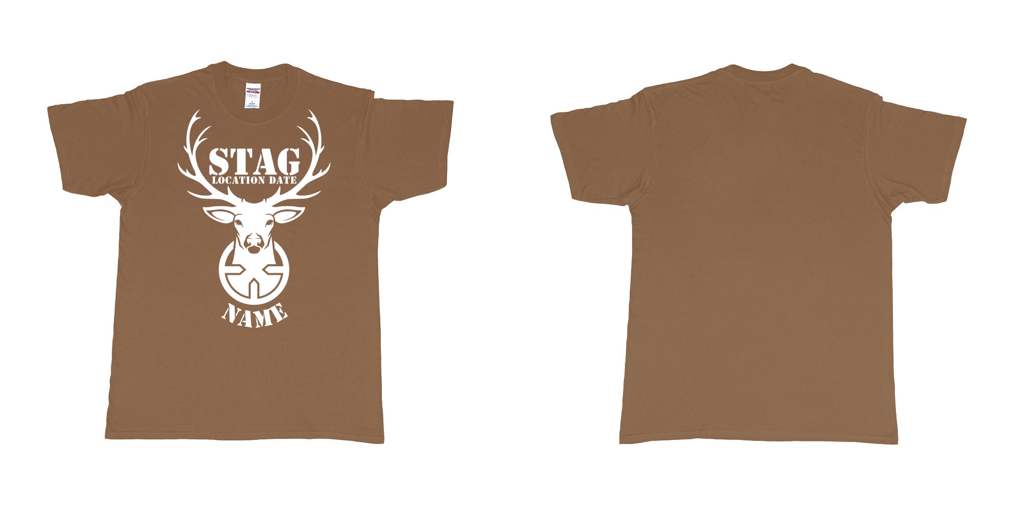 Custom tshirt design aiming for a stag custom tshirt print in fabric color chestnut choice your own text made in Bali by The Pirate Way