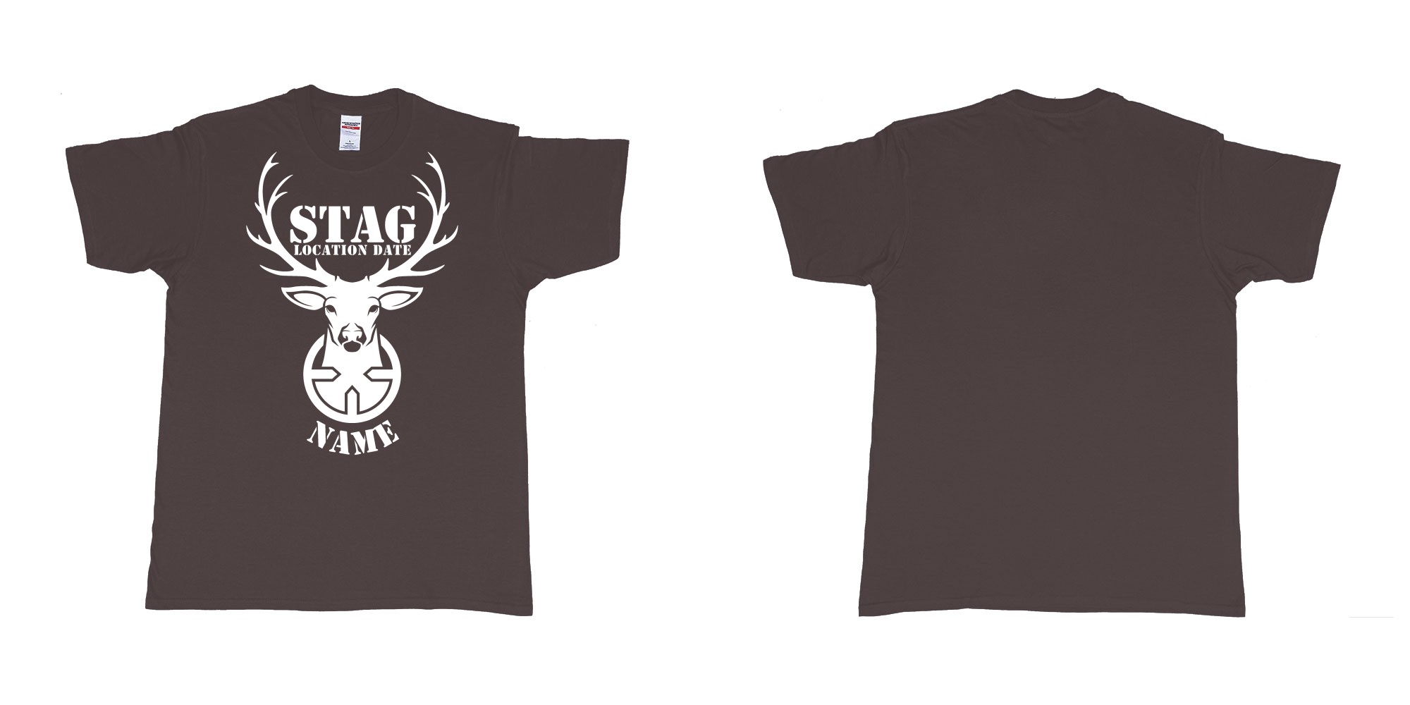 Custom tshirt design aiming for a stag custom tshirt print in fabric color dark-chocolate choice your own text made in Bali by The Pirate Way