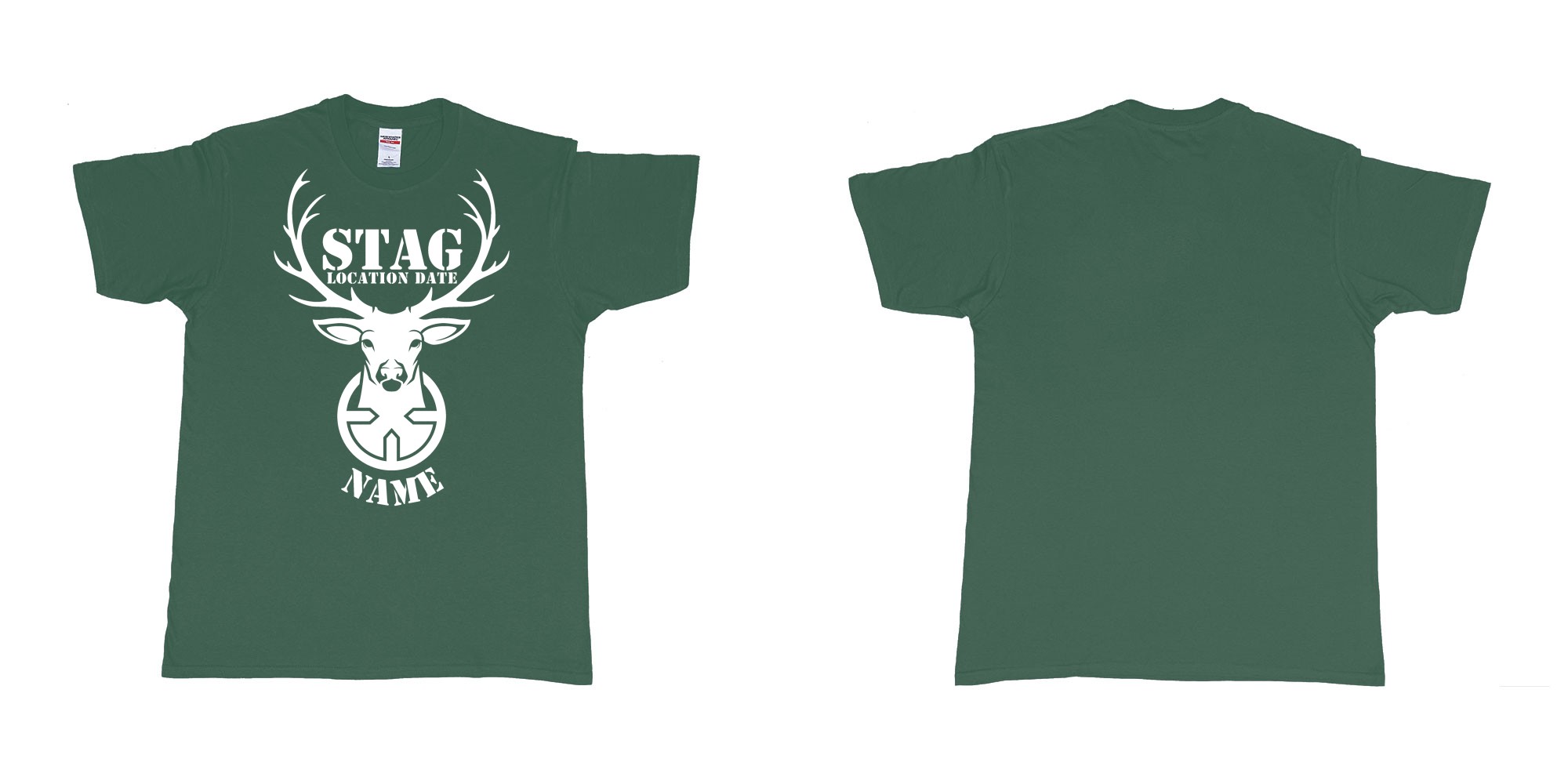 Custom tshirt design aiming for a stag custom tshirt print in fabric color forest-green choice your own text made in Bali by The Pirate Way