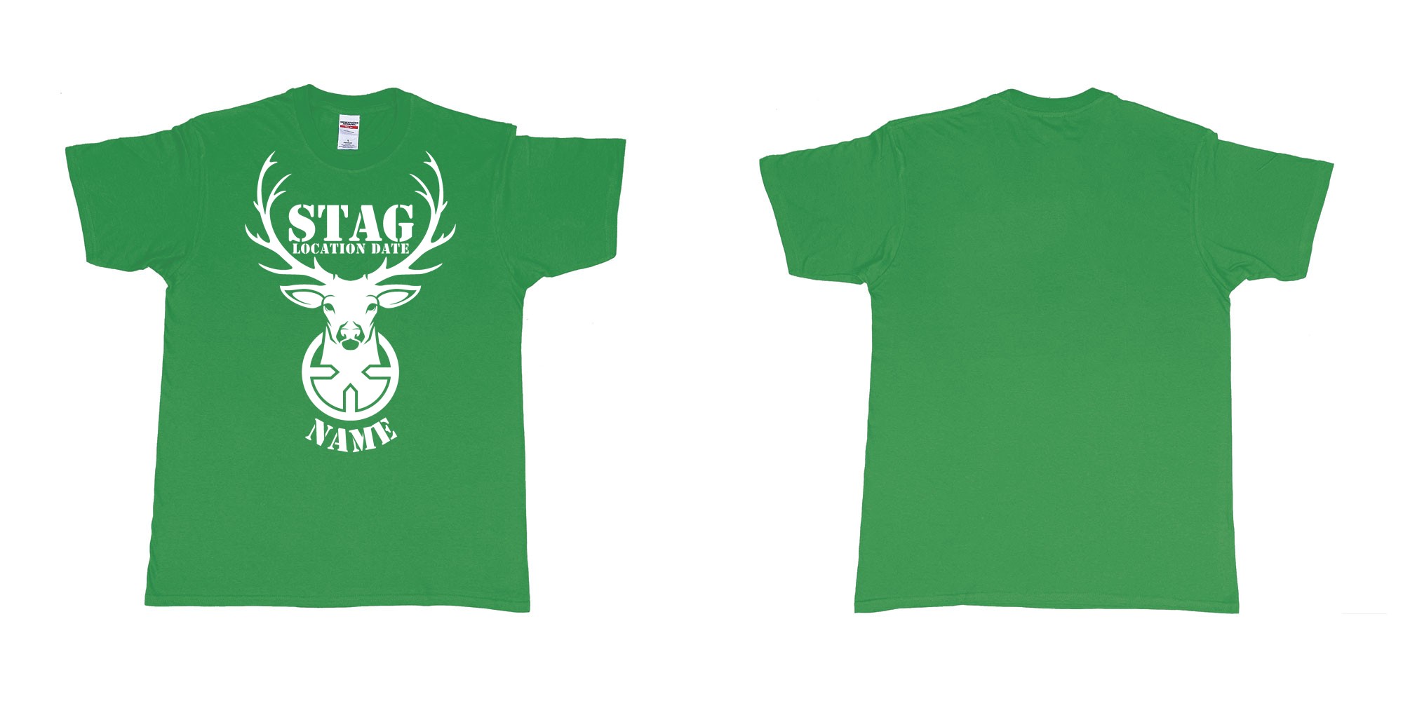 Custom tshirt design aiming for a stag custom tshirt print in fabric color irish-green choice your own text made in Bali by The Pirate Way