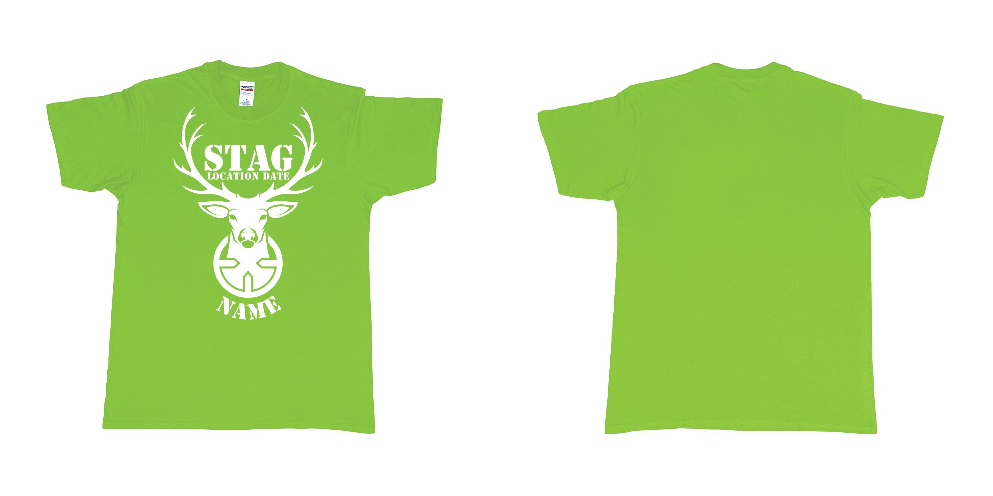 Custom tshirt design aiming for a stag custom tshirt print in fabric color lime choice your own text made in Bali by The Pirate Way