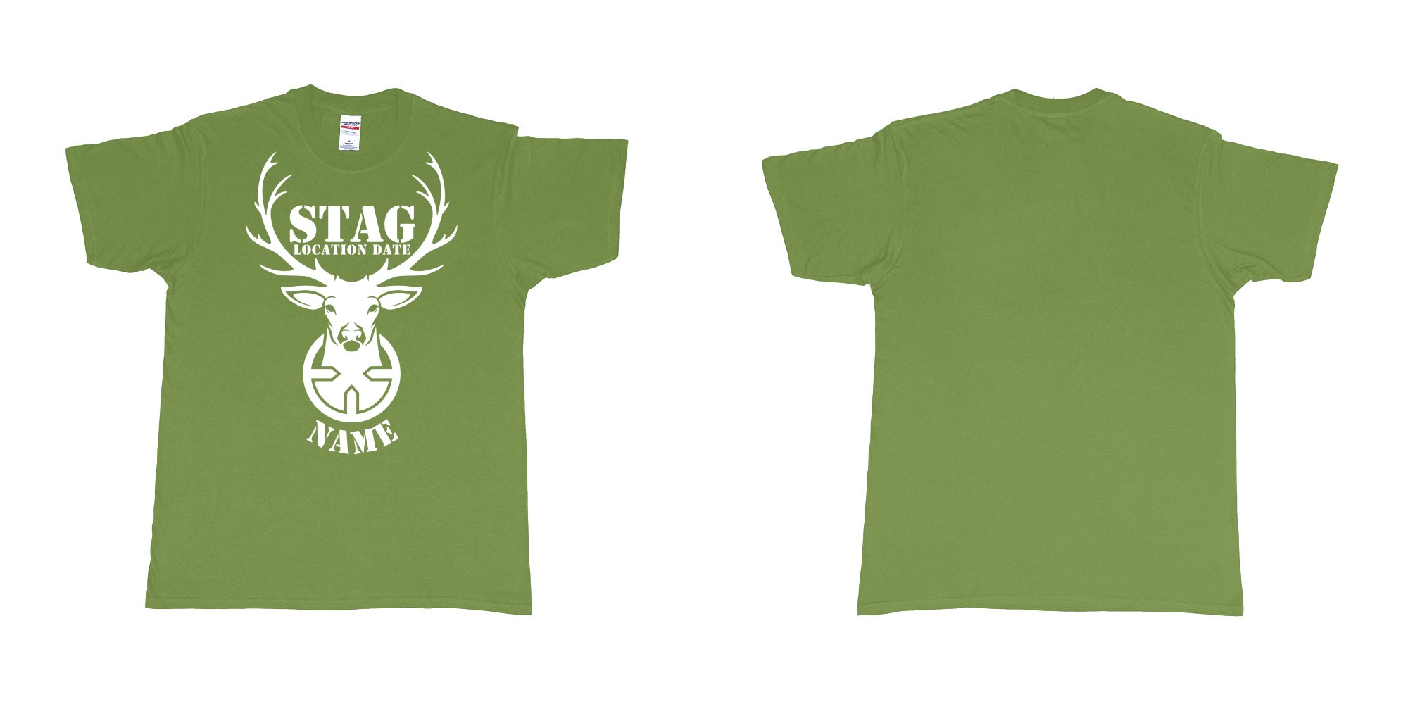 Custom tshirt design aiming for a stag custom tshirt print in fabric color military-green choice your own text made in Bali by The Pirate Way