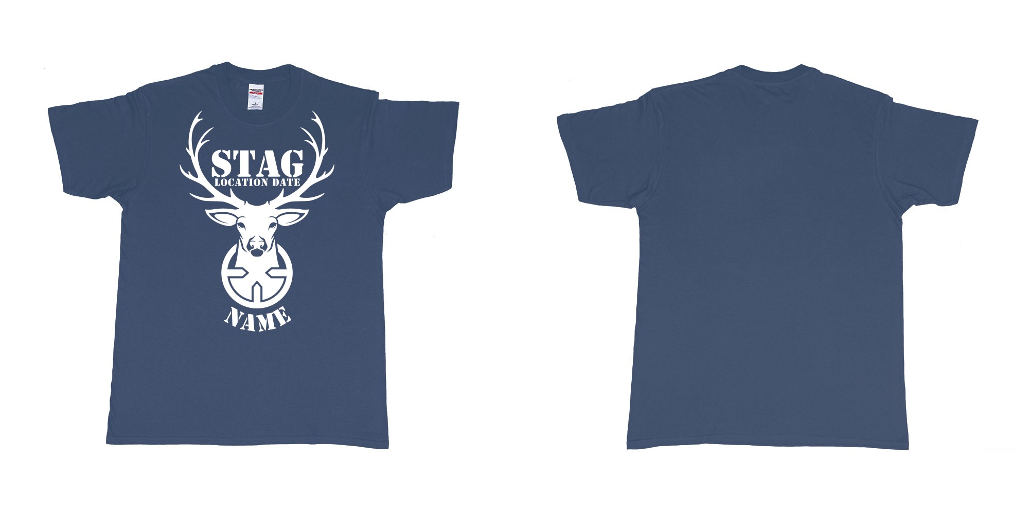 Custom tshirt design aiming for a stag custom tshirt print in fabric color navy choice your own text made in Bali by The Pirate Way