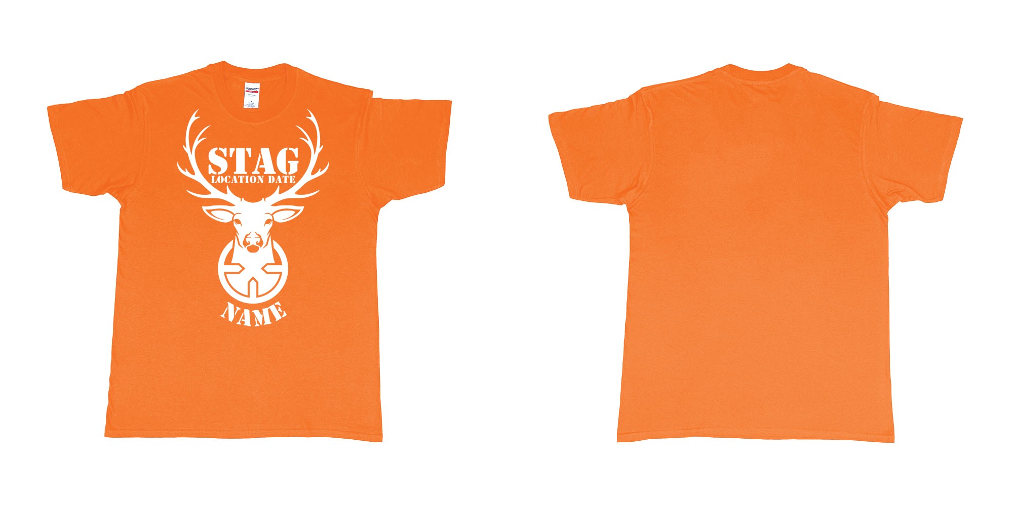 Custom tshirt design aiming for a stag custom tshirt print in fabric color orange choice your own text made in Bali by The Pirate Way