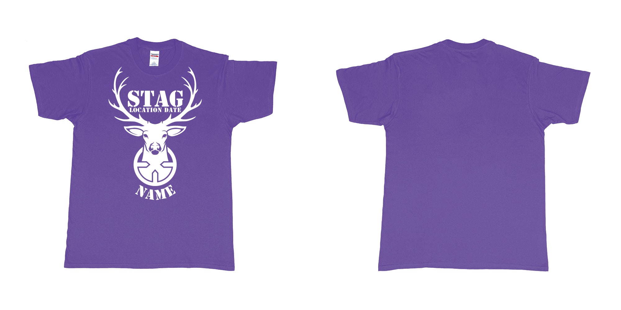 Custom tshirt design aiming for a stag custom tshirt print in fabric color purple choice your own text made in Bali by The Pirate Way