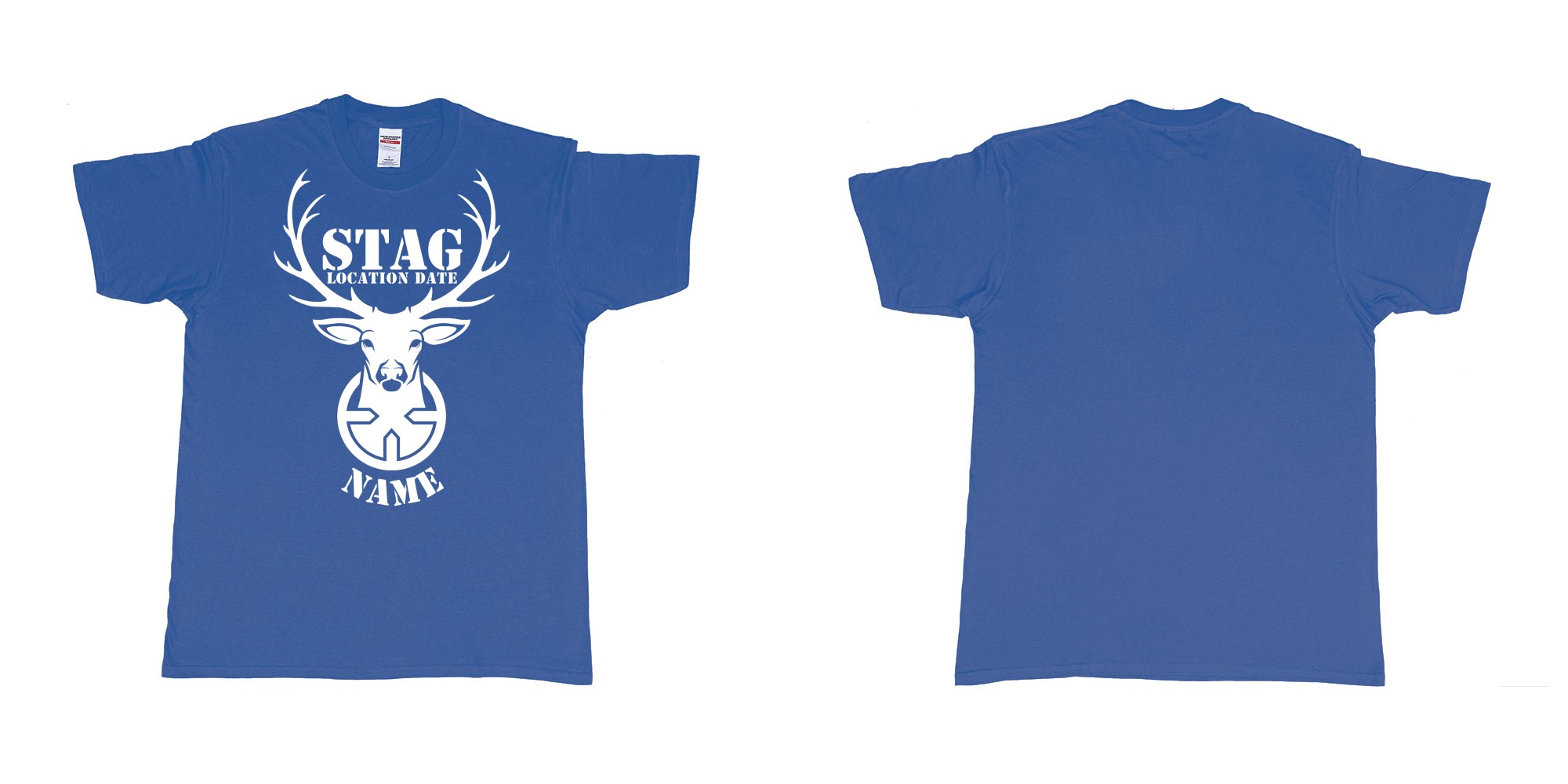 Custom tshirt design aiming for a stag custom tshirt print in fabric color royal-blue choice your own text made in Bali by The Pirate Way