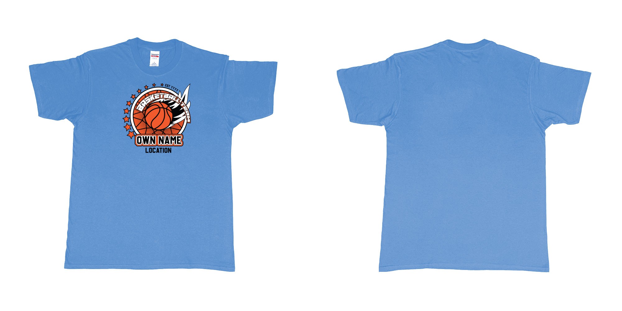 Custom tshirt design basketball team own name location established year custom design production bali in fabric color carolina-blue choice your own text made in Bali by The Pirate Way