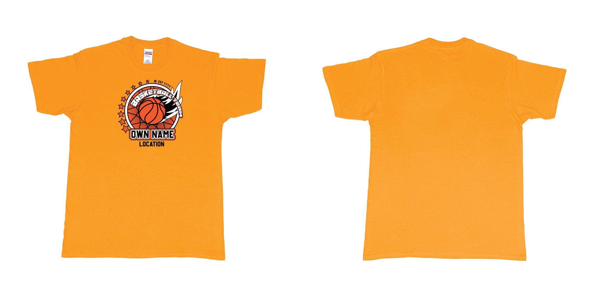 Custom tshirt design basketball team own name location established year custom design production bali in fabric color gold choice your own text made in Bali by The Pirate Way