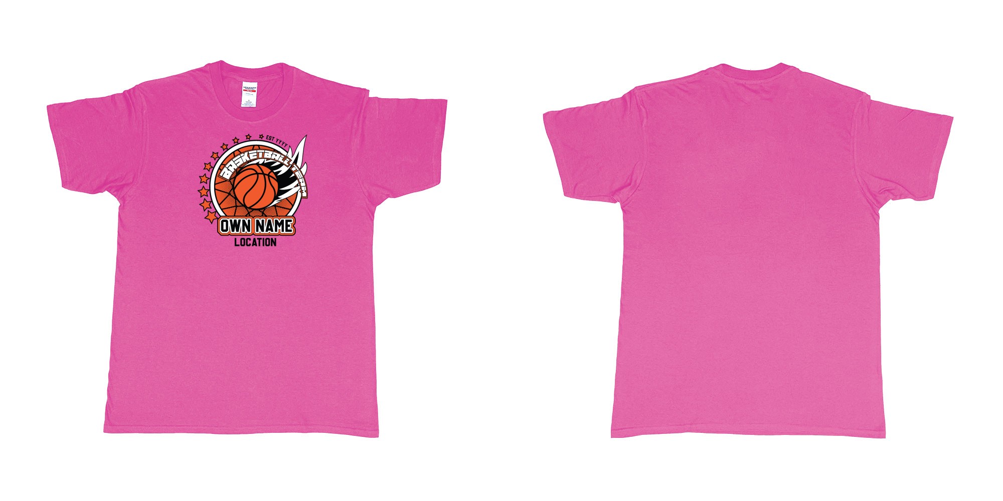 Custom tshirt design basketball team own name location established year custom design production bali in fabric color heliconia choice your own text made in Bali by The Pirate Way
