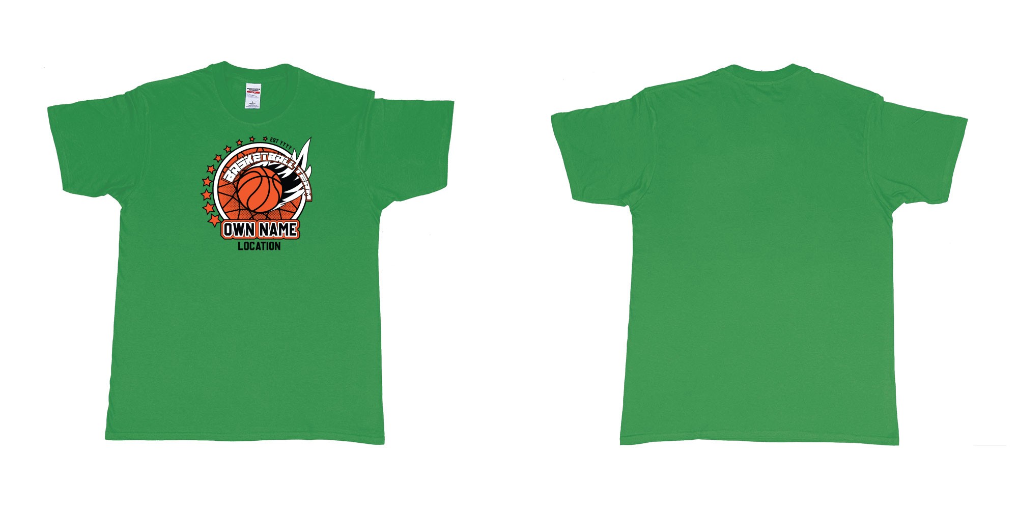 Custom tshirt design basketball team own name location established year custom design production bali in fabric color irish-green choice your own text made in Bali by The Pirate Way