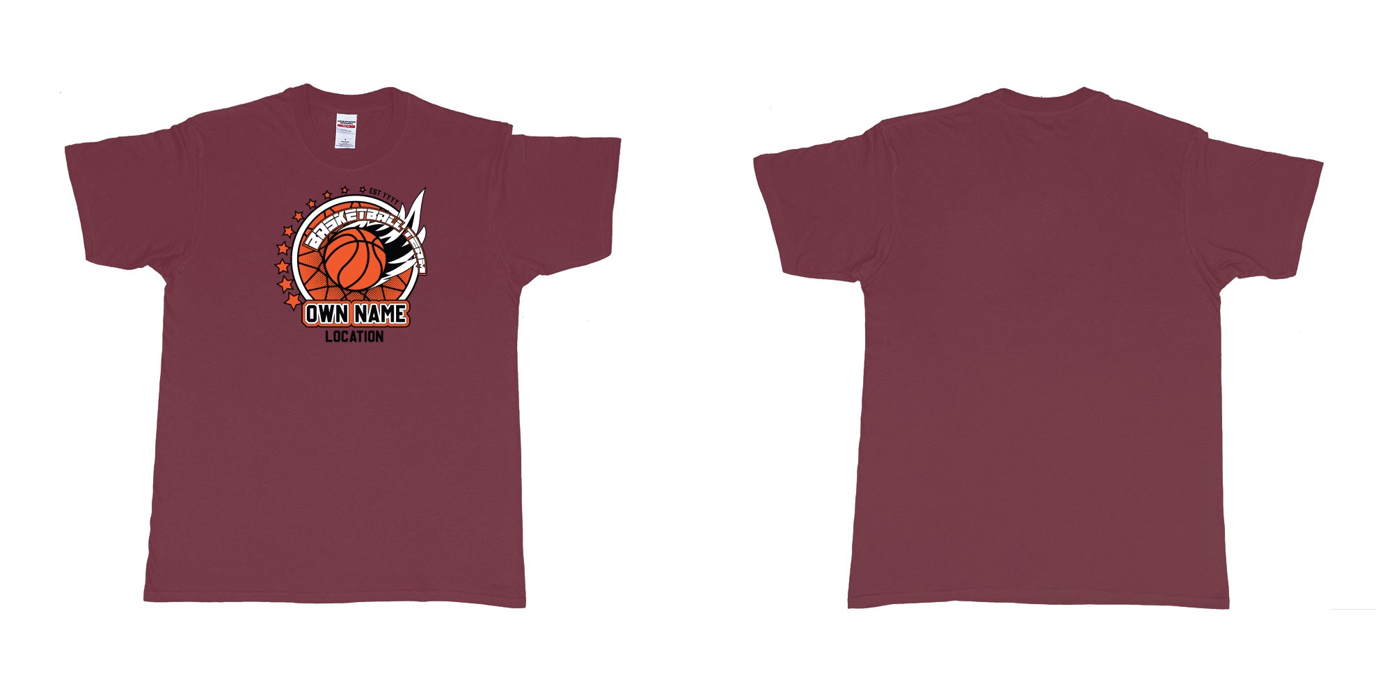 Custom tshirt design basketball team own name location established year custom design production bali in fabric color marron choice your own text made in Bali by The Pirate Way