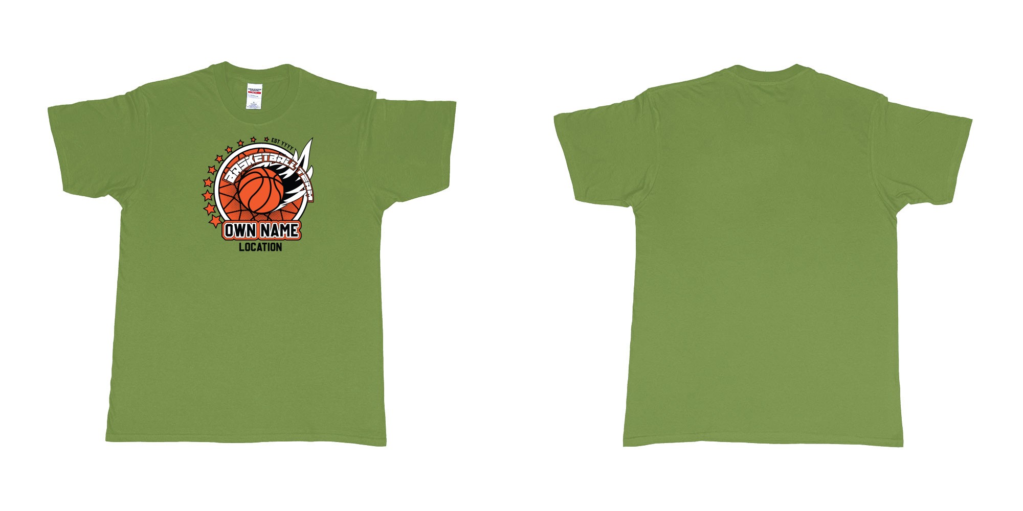Custom tshirt design basketball team own name location established year custom design production bali in fabric color military-green choice your own text made in Bali by The Pirate Way