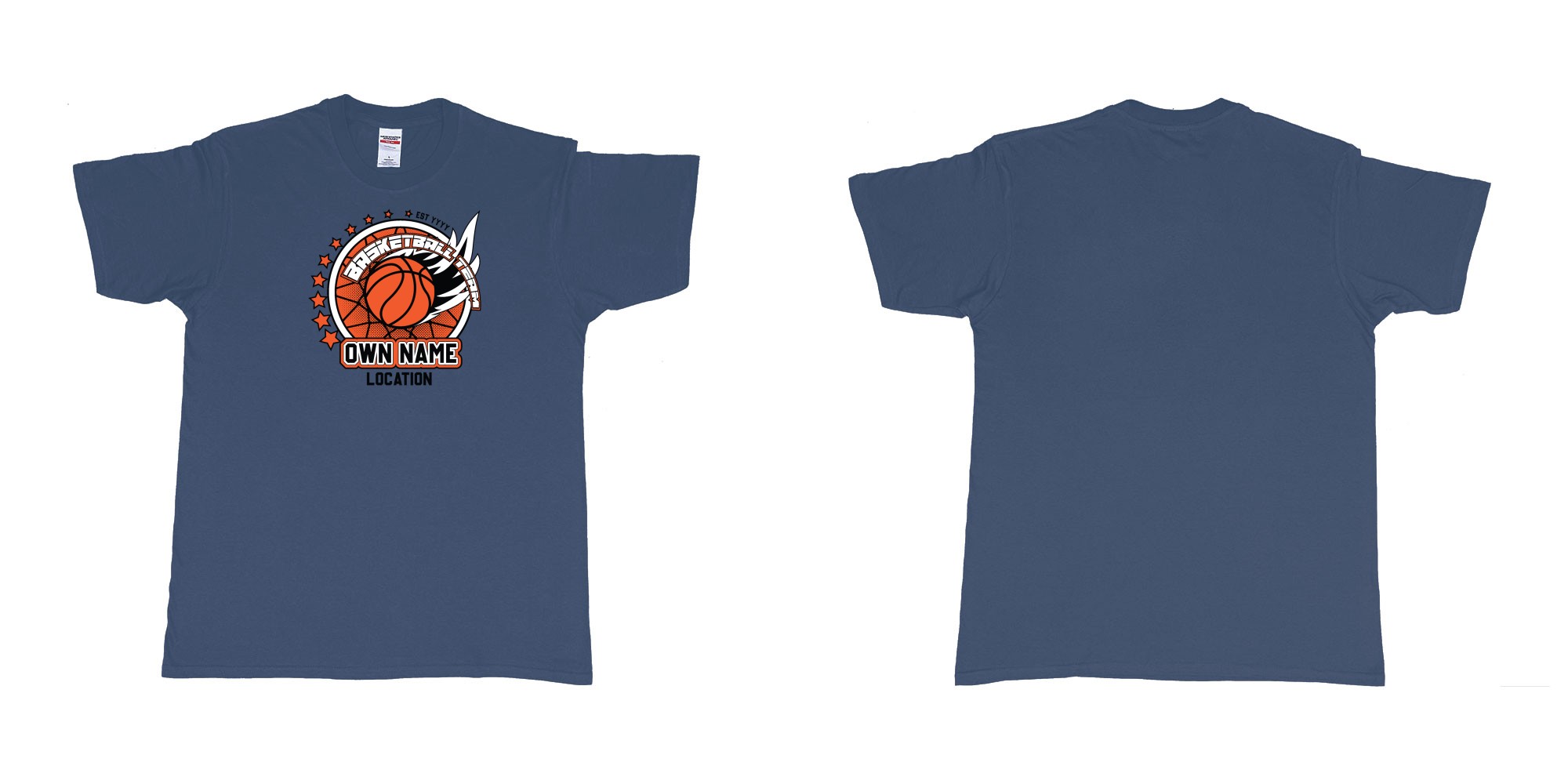 Custom tshirt design basketball team own name location established year custom design production bali in fabric color navy choice your own text made in Bali by The Pirate Way