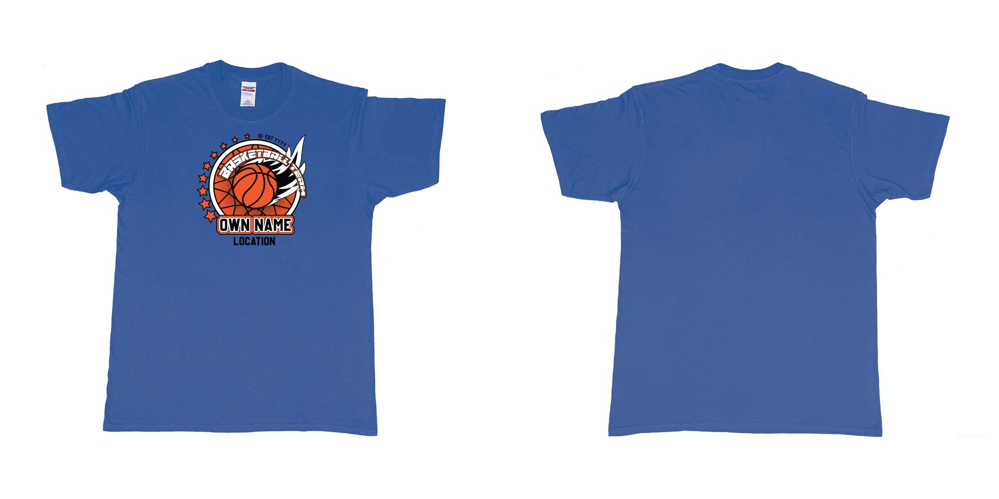 Custom tshirt design basketball team own name location established year custom design production bali in fabric color royal-blue choice your own text made in Bali by The Pirate Way