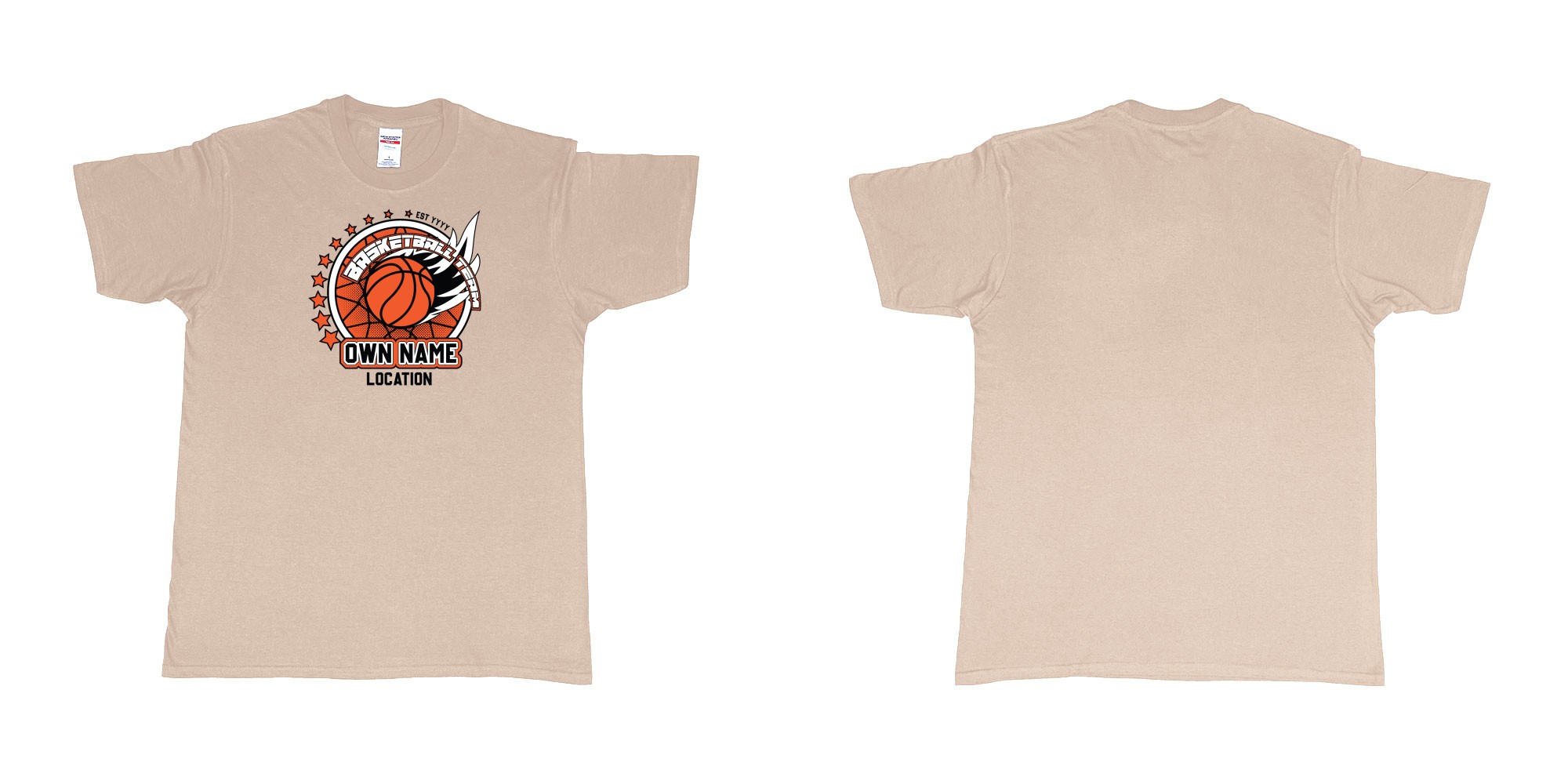 Custom tshirt design basketball team own name location established year custom design production bali in fabric color sand choice your own text made in Bali by The Pirate Way
