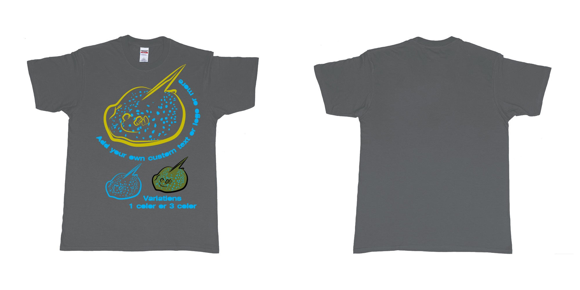 Custom tshirt design blue spotted stingray in fabric color charcoal choice your own text made in Bali by The Pirate Way