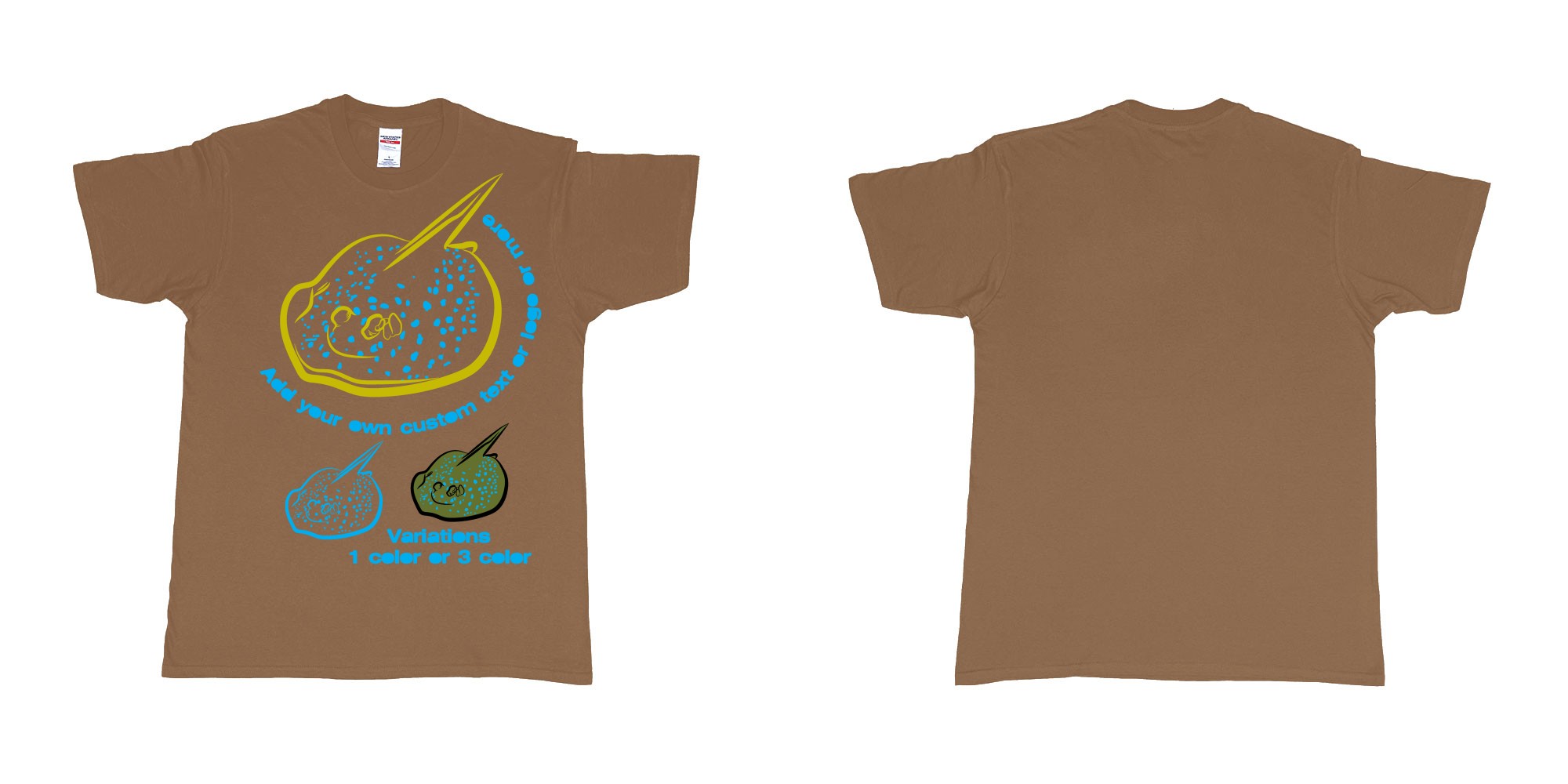 Custom tshirt design blue spotted stingray in fabric color chestnut choice your own text made in Bali by The Pirate Way