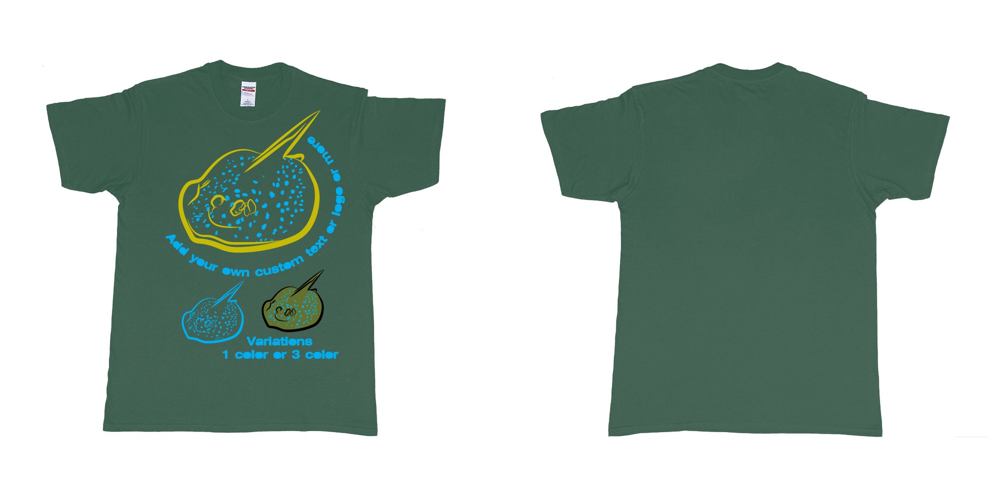 Custom tshirt design blue spotted stingray in fabric color forest-green choice your own text made in Bali by The Pirate Way