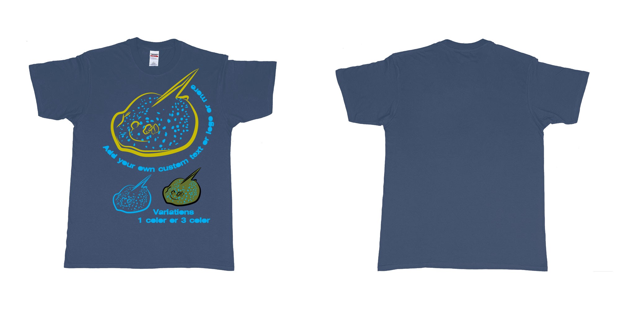 Custom tshirt design blue spotted stingray in fabric color navy choice your own text made in Bali by The Pirate Way