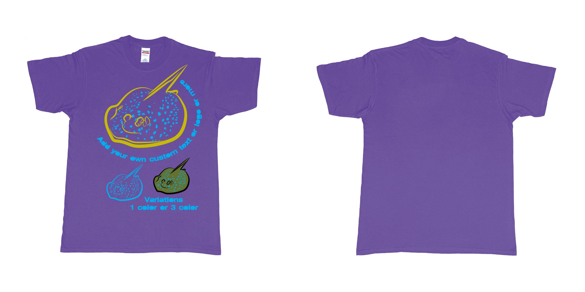 Custom tshirt design blue spotted stingray in fabric color purple choice your own text made in Bali by The Pirate Way
