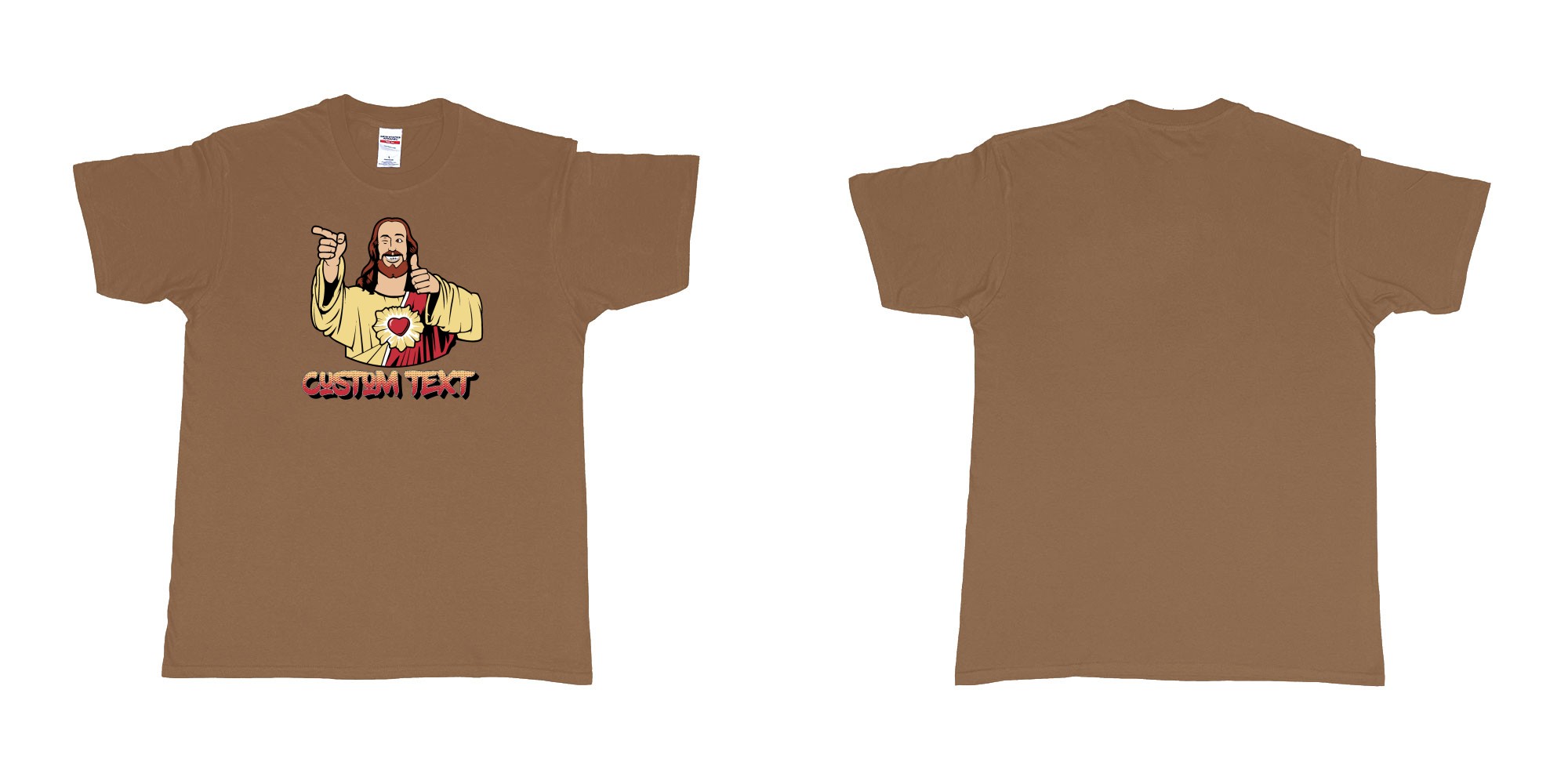 Custom tshirt design buddy christ custom text in fabric color chestnut choice your own text made in Bali by The Pirate Way