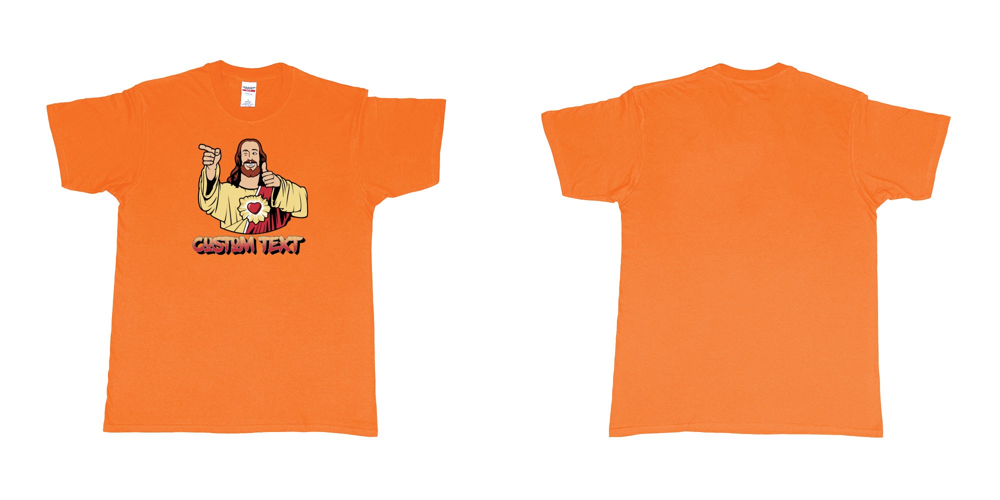Custom tshirt design buddy christ custom text in fabric color orange choice your own text made in Bali by The Pirate Way