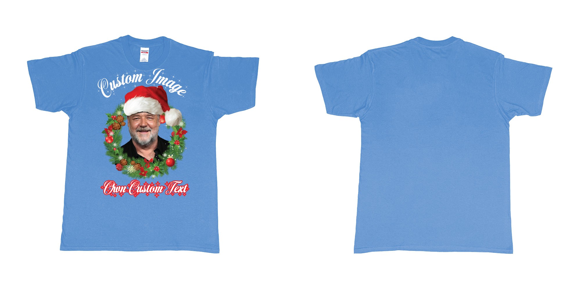 Custom tshirt design christmas wreath custom face image text in fabric color carolina-blue choice your own text made in Bali by The Pirate Way