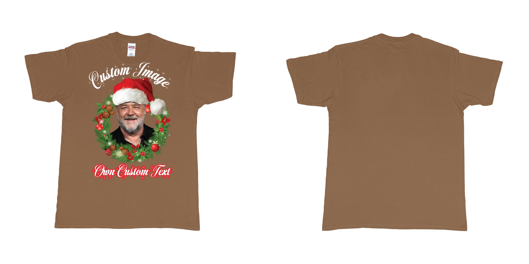 Custom tshirt design christmas wreath custom face image text in fabric color chestnut choice your own text made in Bali by The Pirate Way