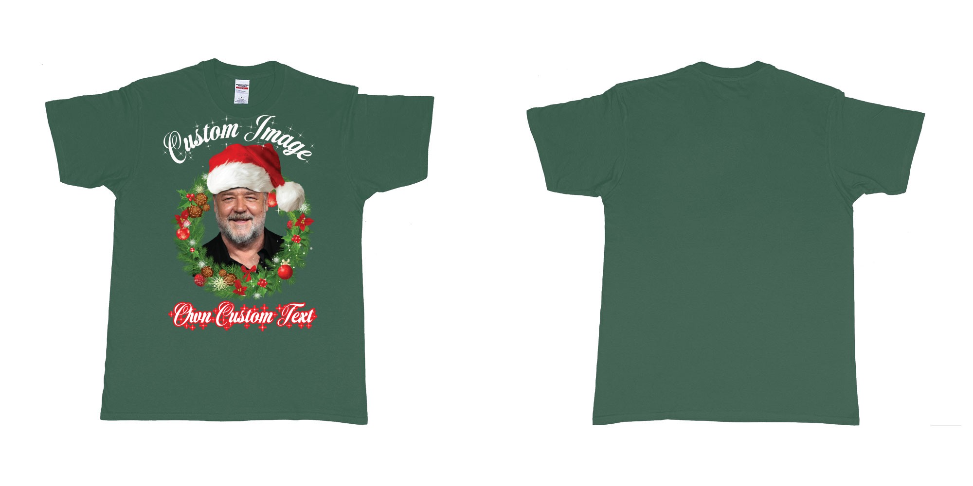 Custom tshirt design christmas wreath custom face image text in fabric color forest-green choice your own text made in Bali by The Pirate Way