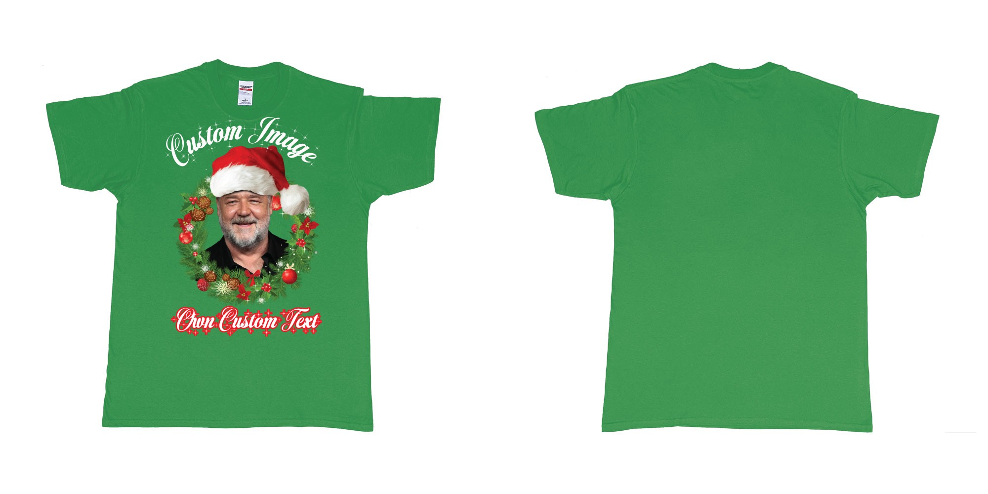 Custom tshirt design christmas wreath custom face image text in fabric color irish-green choice your own text made in Bali by The Pirate Way