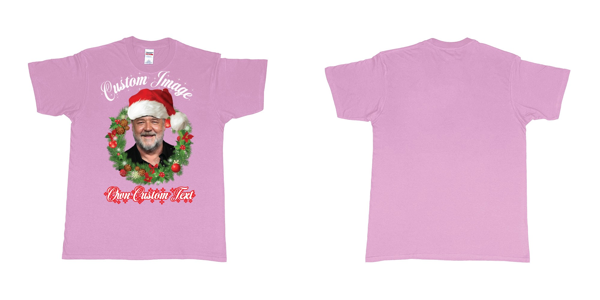Custom tshirt design christmas wreath custom face image text in fabric color light-pink choice your own text made in Bali by The Pirate Way