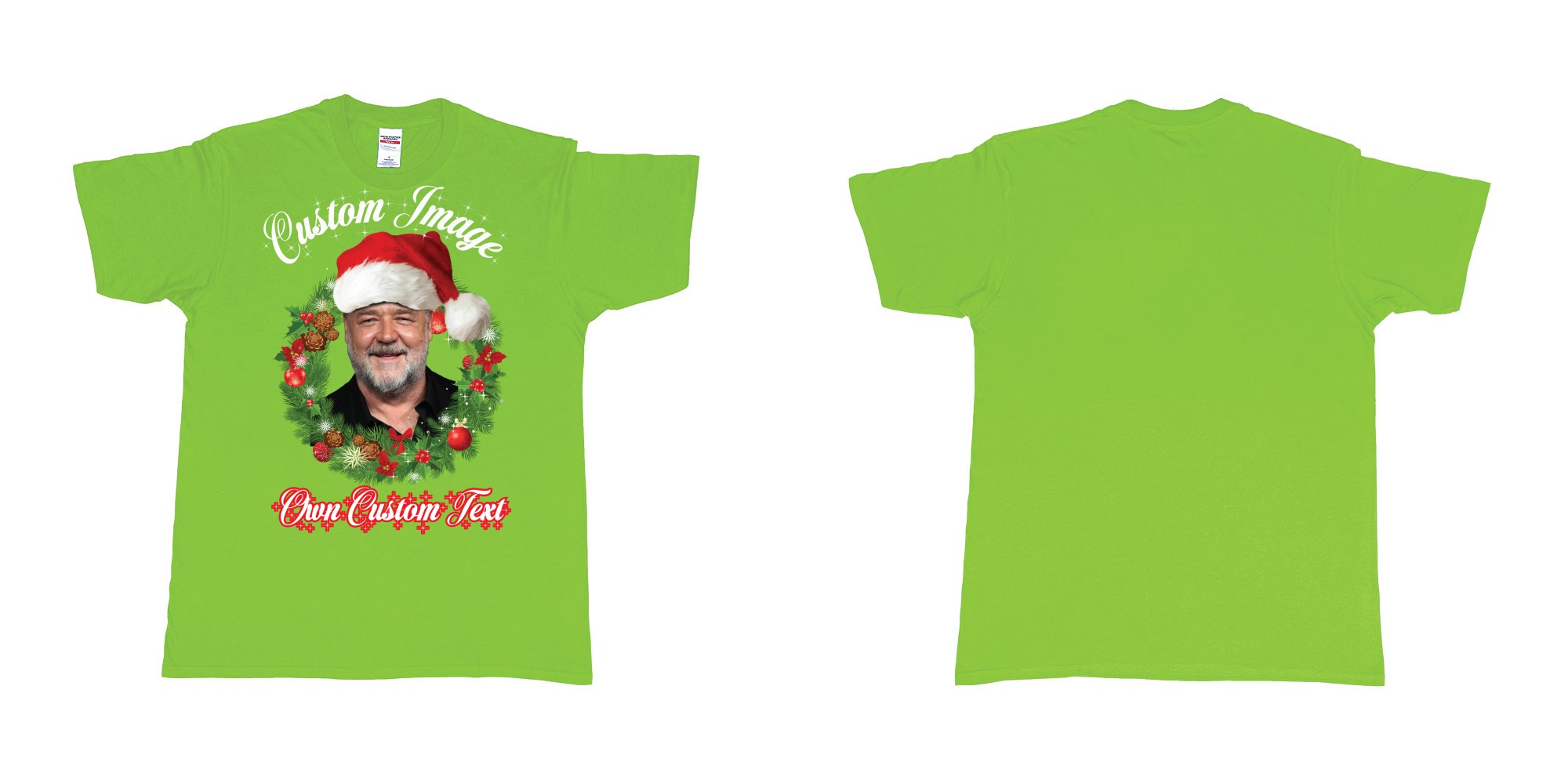 Custom tshirt design christmas wreath custom face image text in fabric color lime choice your own text made in Bali by The Pirate Way