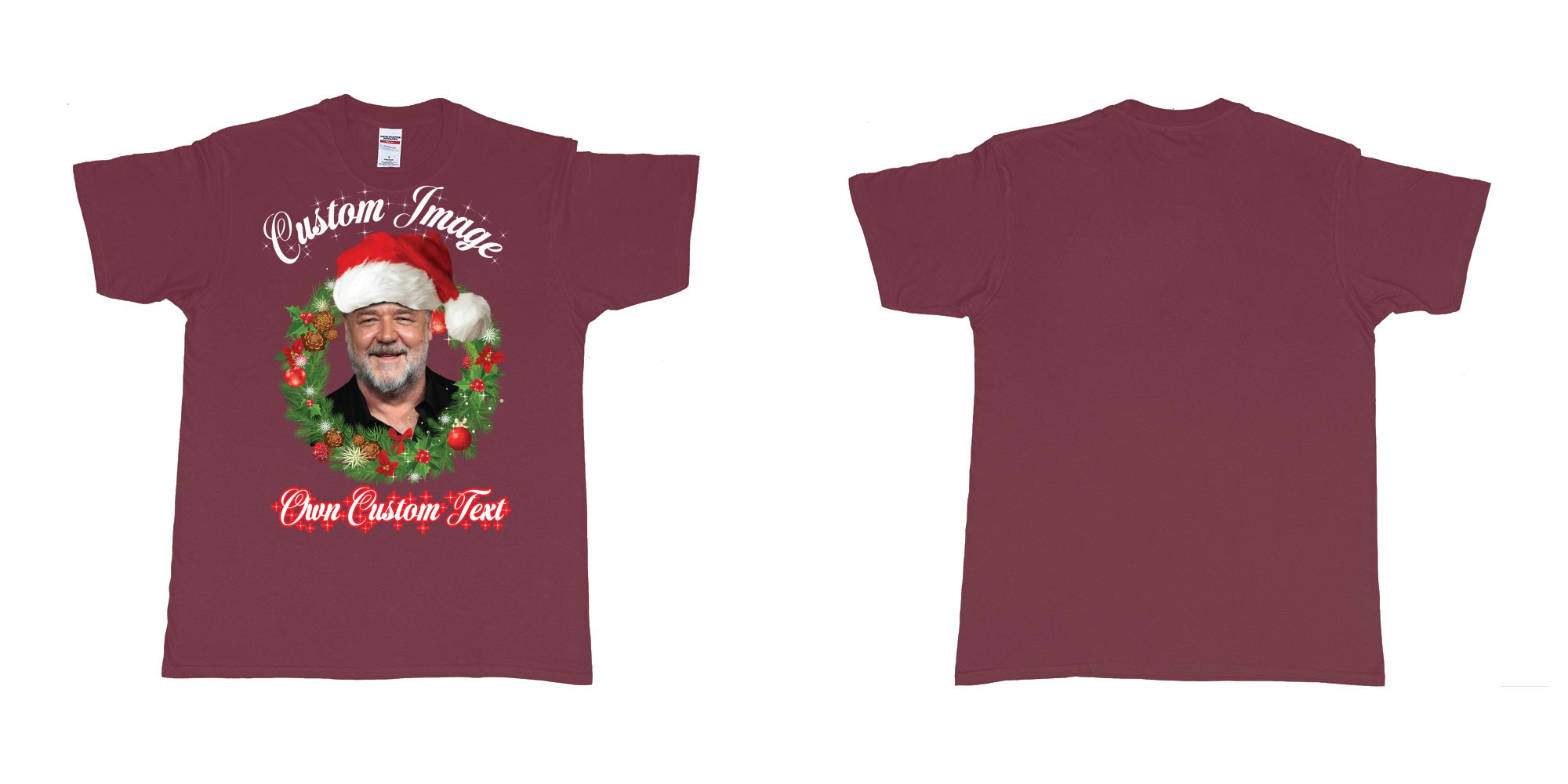 Custom tshirt design christmas wreath custom face image text in fabric color marron choice your own text made in Bali by The Pirate Way