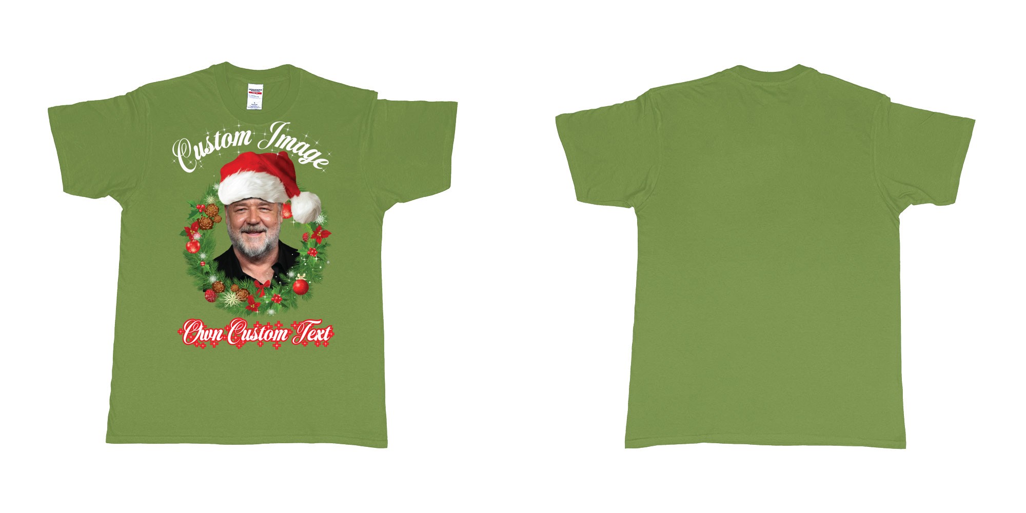 Custom tshirt design christmas wreath custom face image text in fabric color military-green choice your own text made in Bali by The Pirate Way