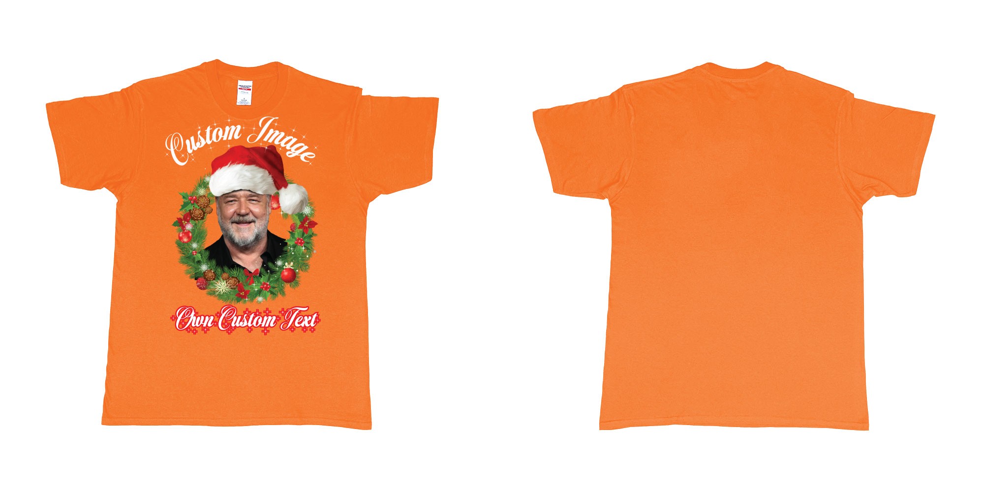 Custom tshirt design christmas wreath custom face image text in fabric color orange choice your own text made in Bali by The Pirate Way