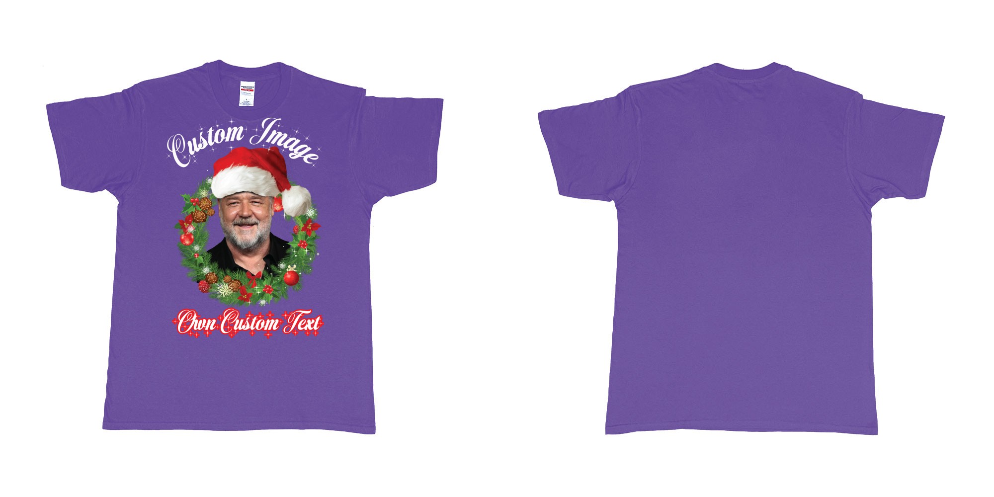 Custom tshirt design christmas wreath custom face image text in fabric color purple choice your own text made in Bali by The Pirate Way
