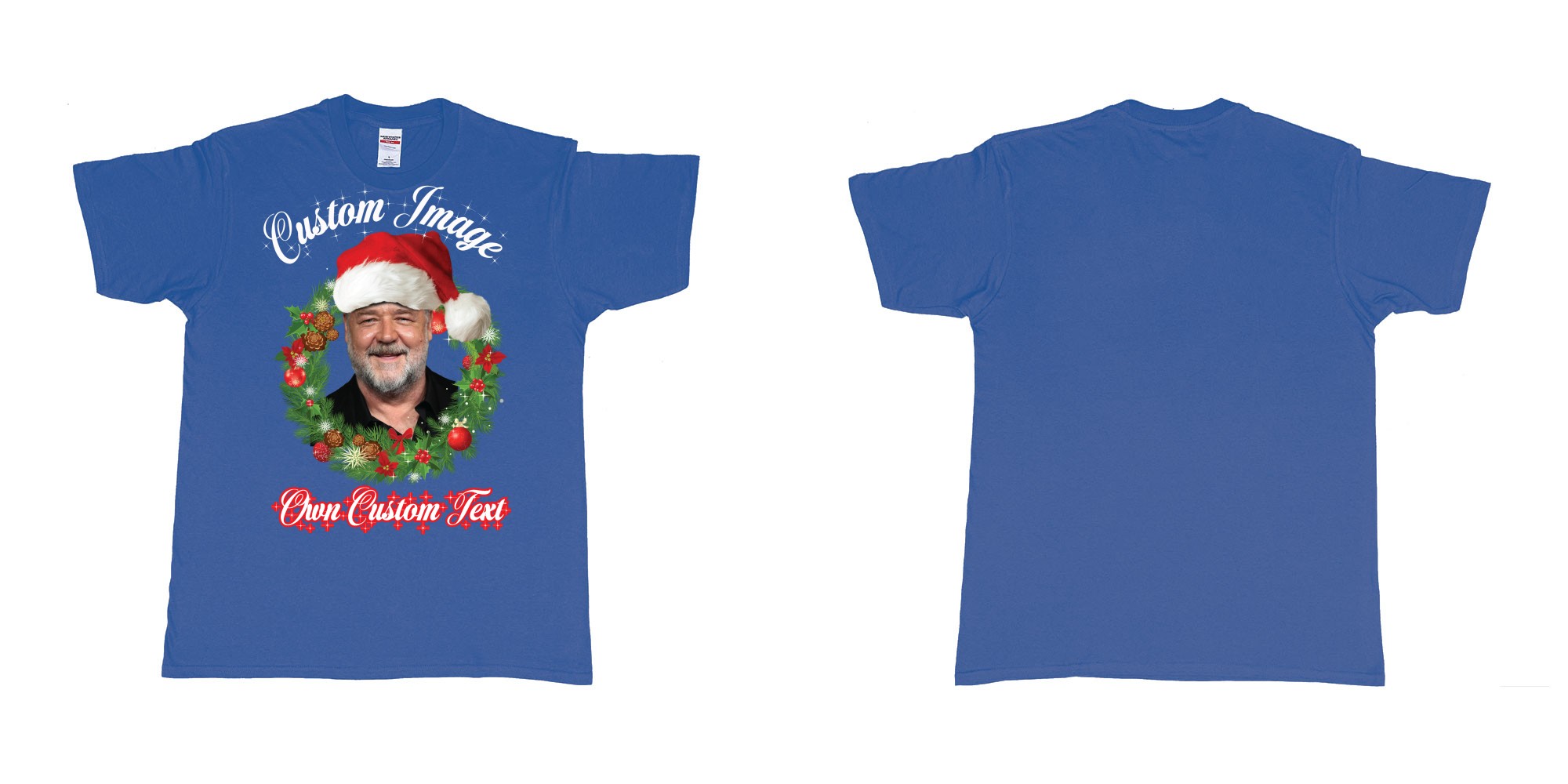 Custom tshirt design christmas wreath custom face image text in fabric color royal-blue choice your own text made in Bali by The Pirate Way