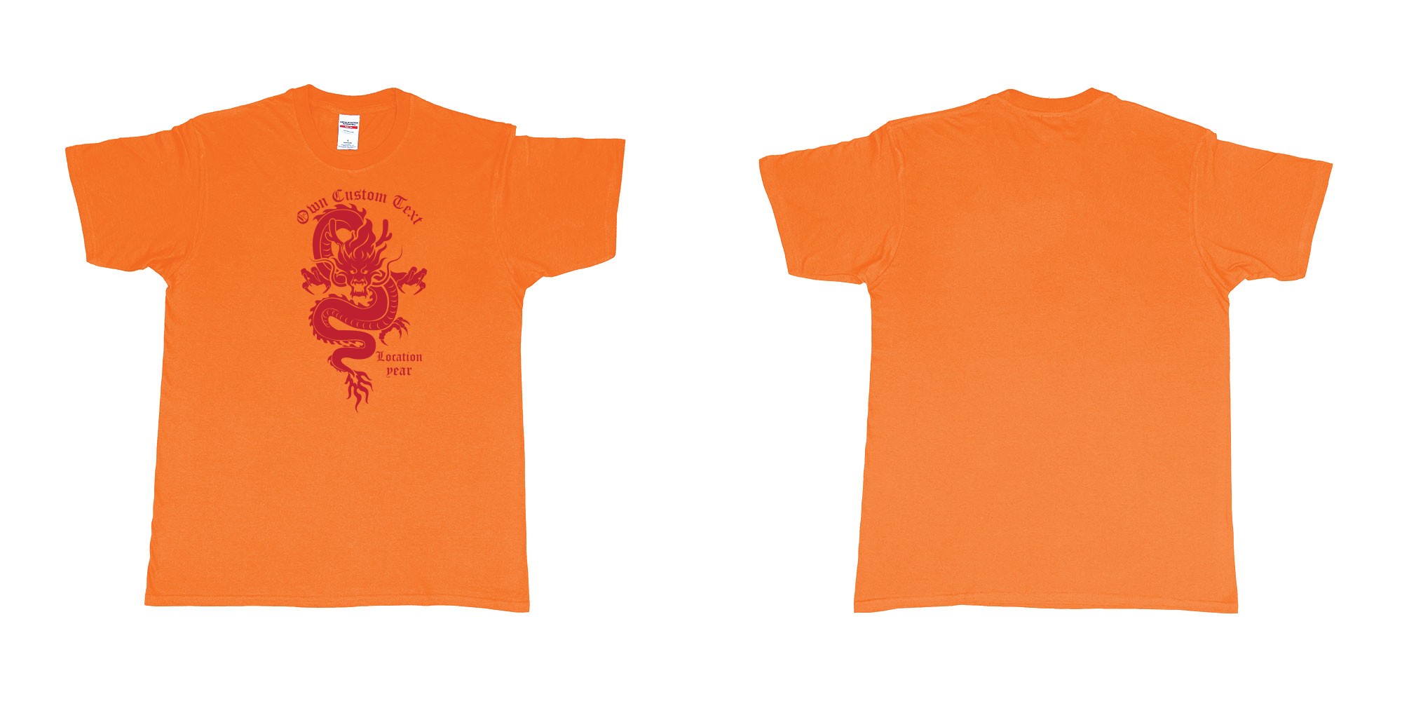 Custom tshirt design custom dragon print text in fabric color orange choice your own text made in Bali by The Pirate Way