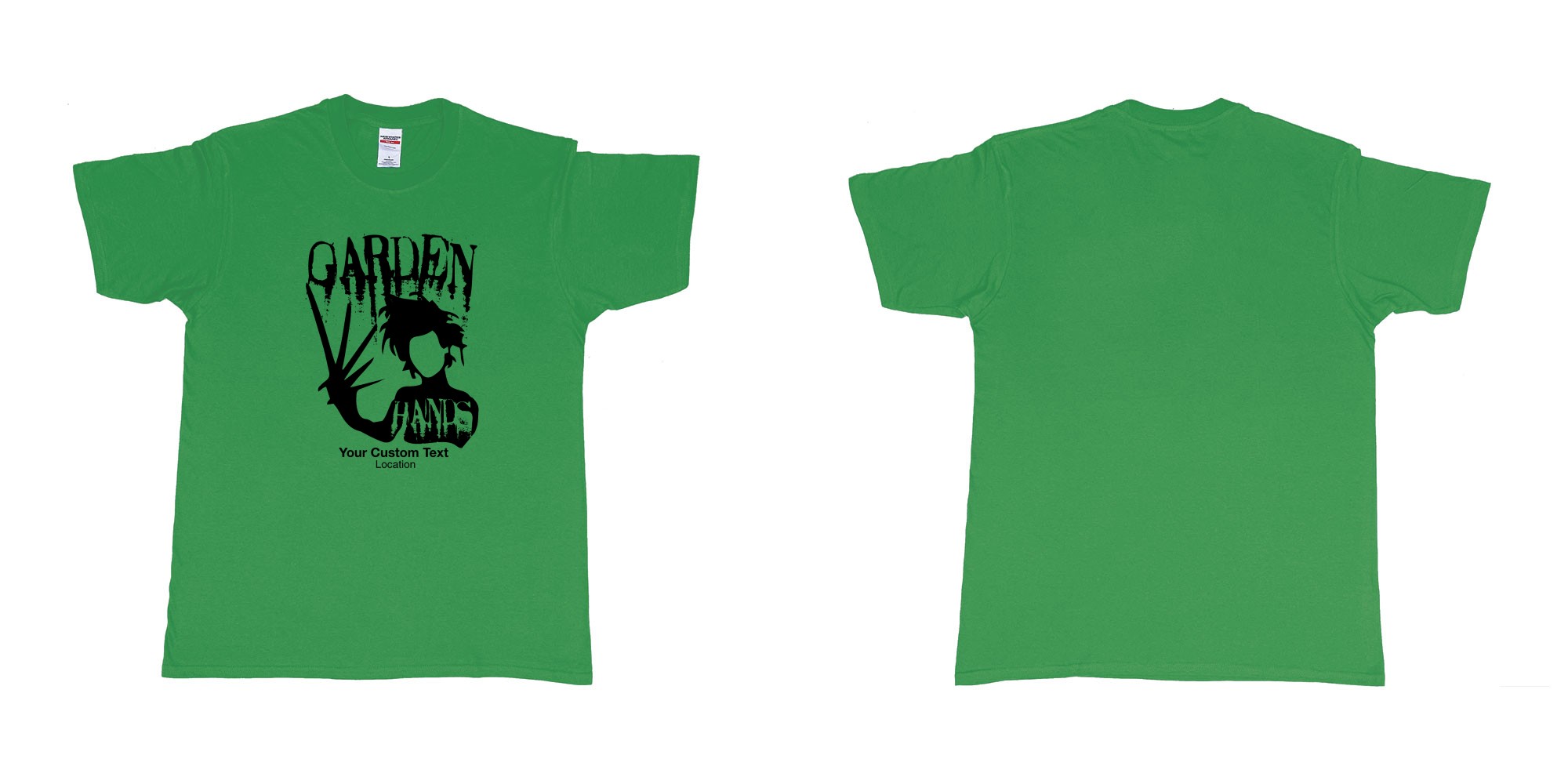 Custom tshirt design garden hands edward scissorhands custom design in fabric color irish-green choice your own text made in Bali by The Pirate Way