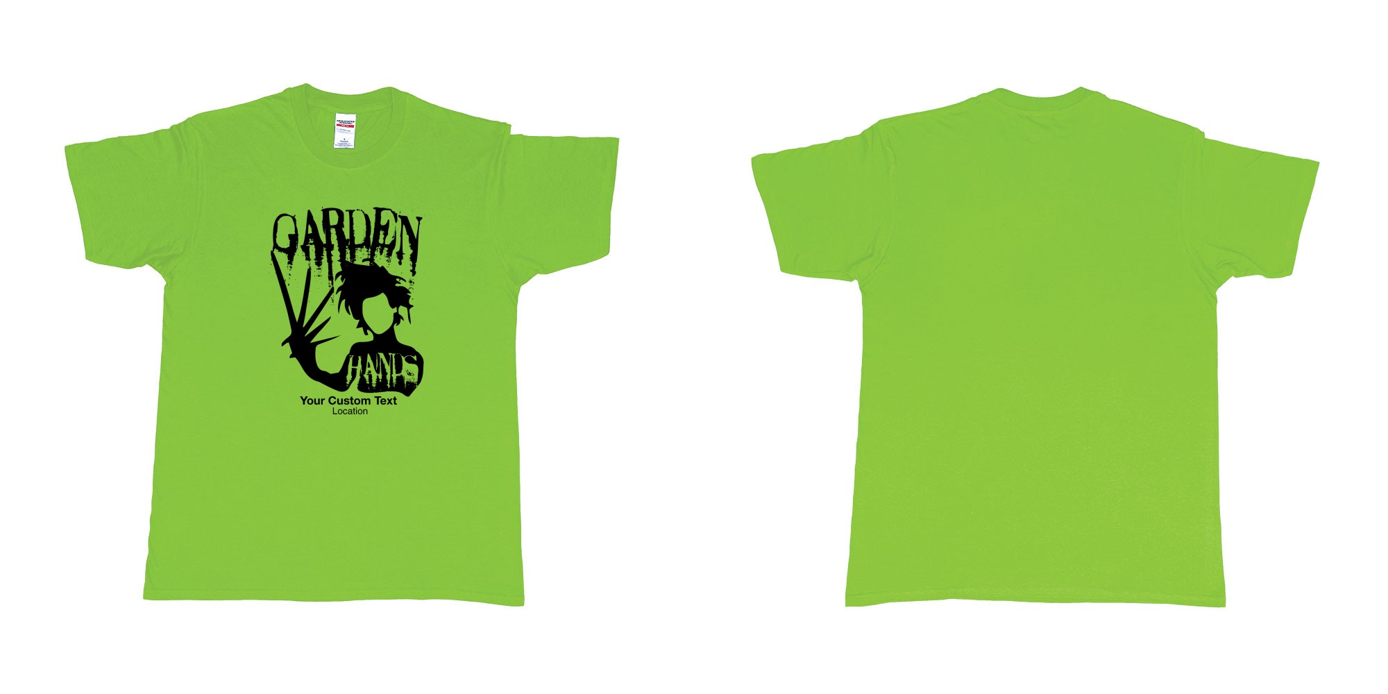 Custom tshirt design garden hands edward scissorhands custom design in fabric color lime choice your own text made in Bali by The Pirate Way