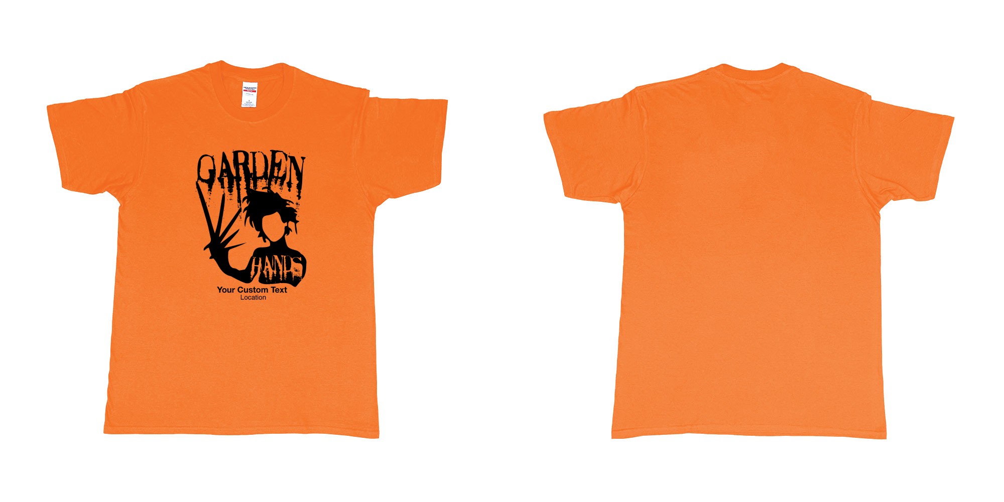 Custom tshirt design garden hands edward scissorhands custom design in fabric color orange choice your own text made in Bali by The Pirate Way