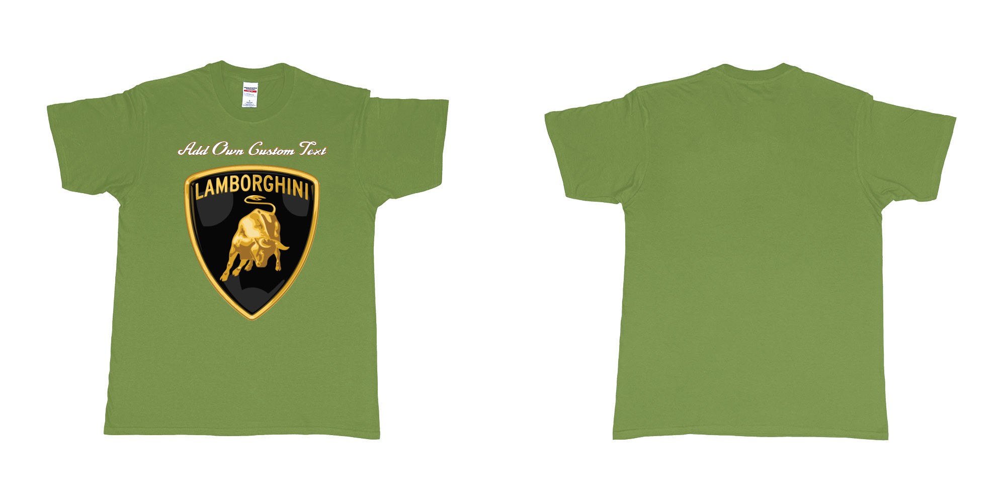 Custom tshirt design lamborghini logo tshirt printing add own text in fabric color military-green choice your own text made in Bali by The Pirate Way